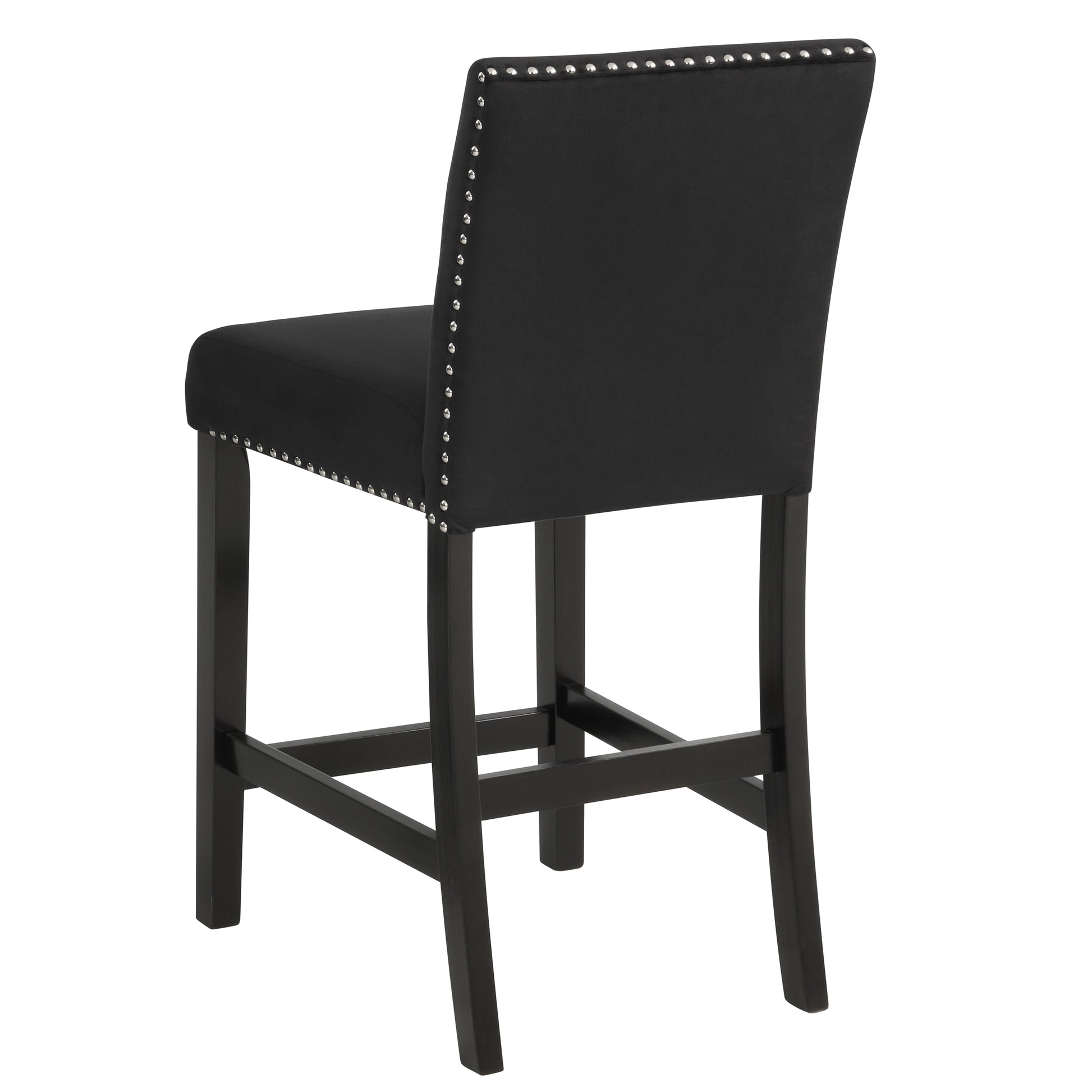 Black upholstered bar stool with silver nailhead trim and dark wood legs