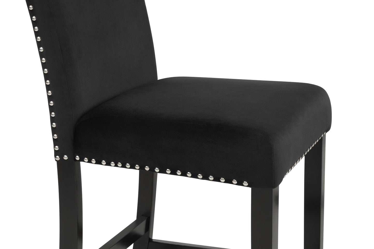 Black velvet bar stool with silver nailhead trim and dark wood legs