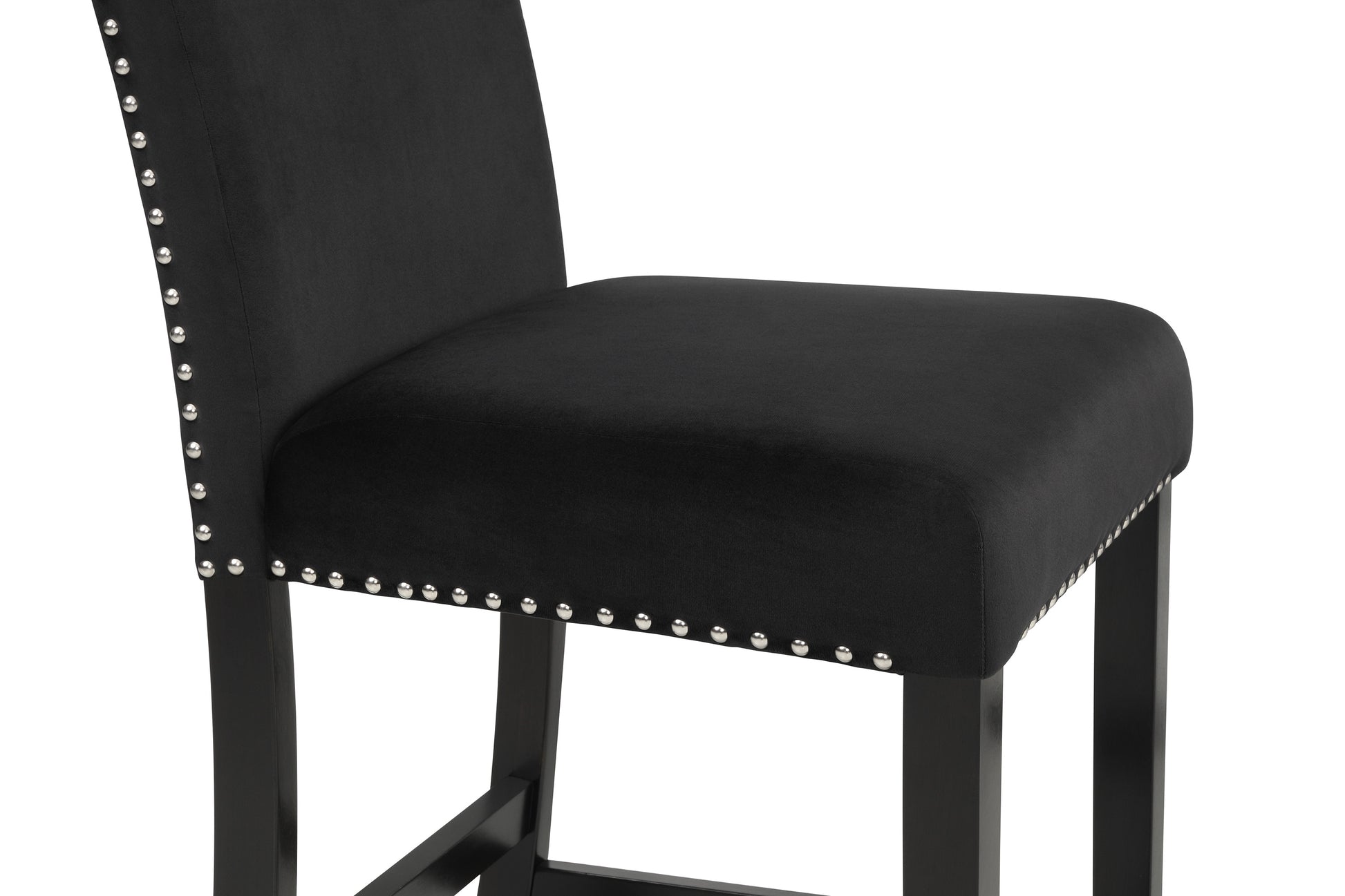 Black velvet bar stool with silver nailhead trim and dark wood legs