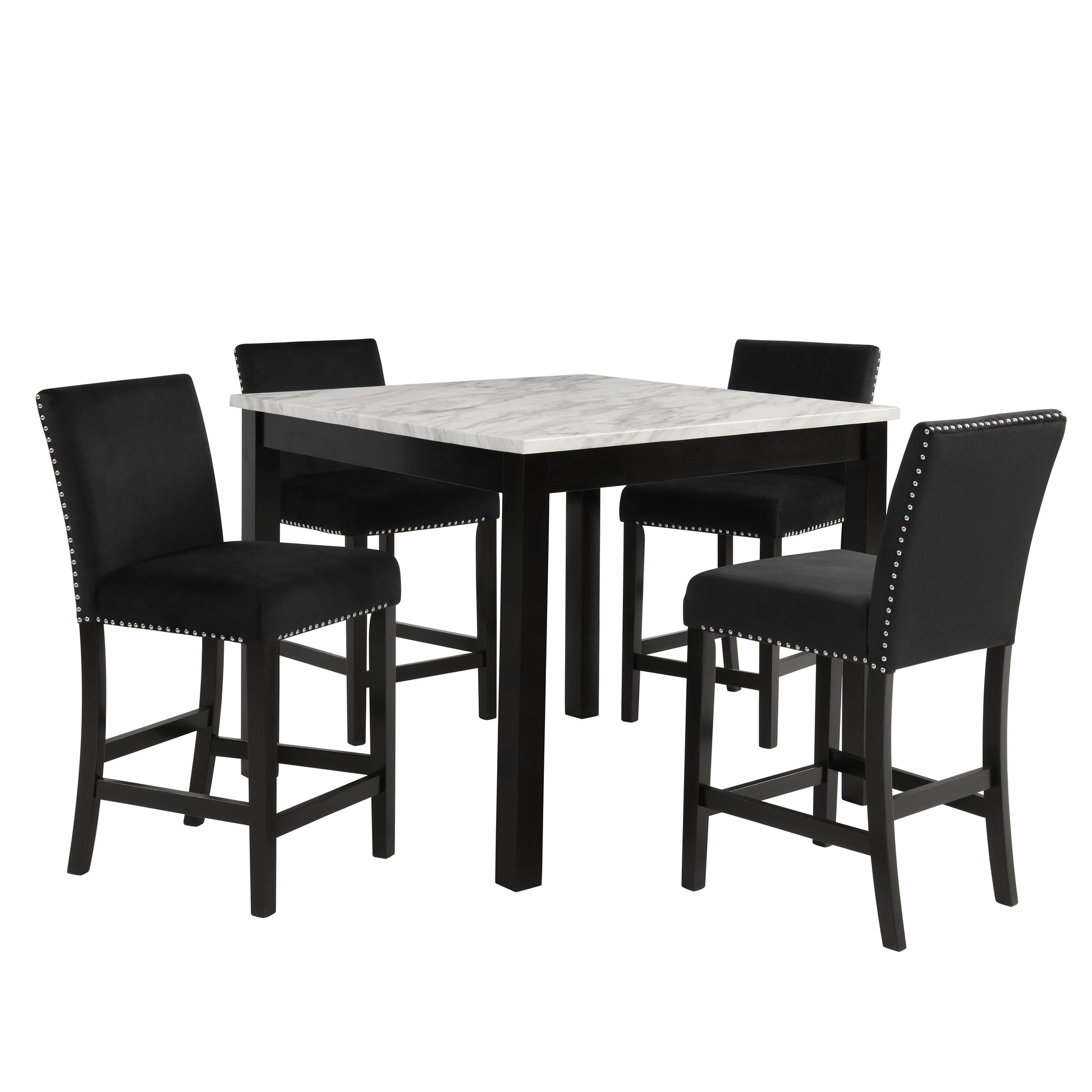Black velvet upholstered bar stool with silver nailhead trim and dark wood legs