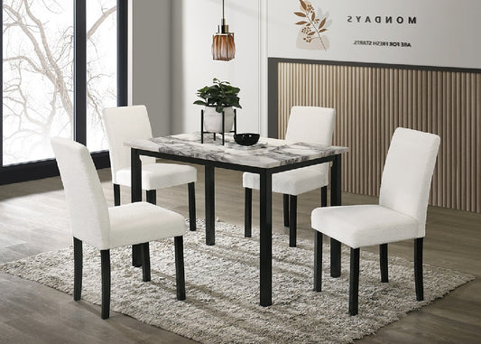 Modern marble dining table set with four white boucle chairs