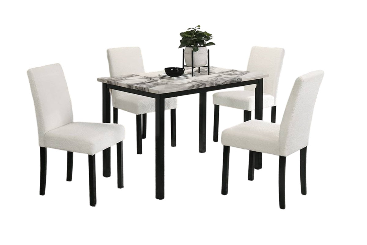 White boucle dining chair set with marble top table
