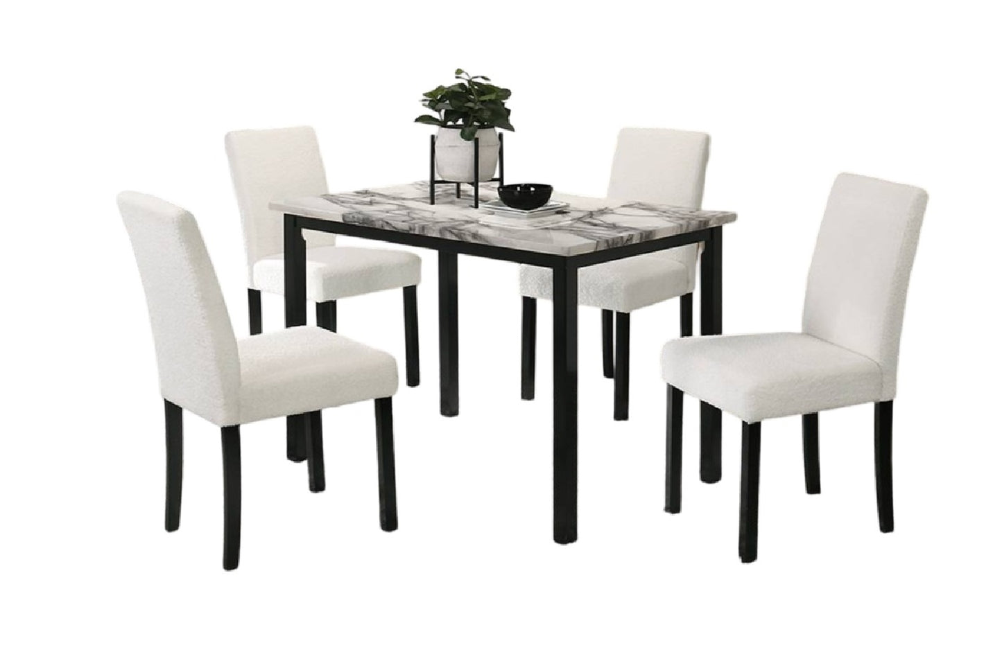 Marble top dining table set with four white boucle dining chairs