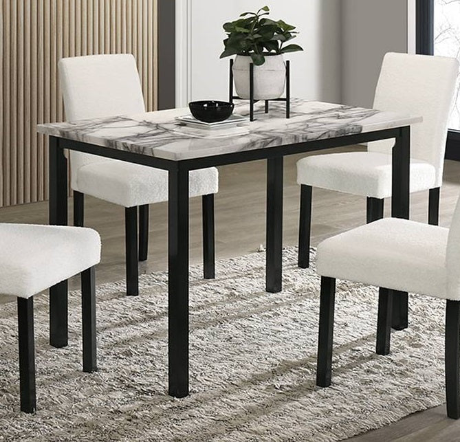 Rectangular dining table with white marble effect top and black metal legs