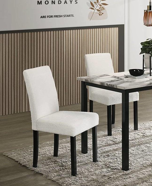 White boucle dining chair with black legs