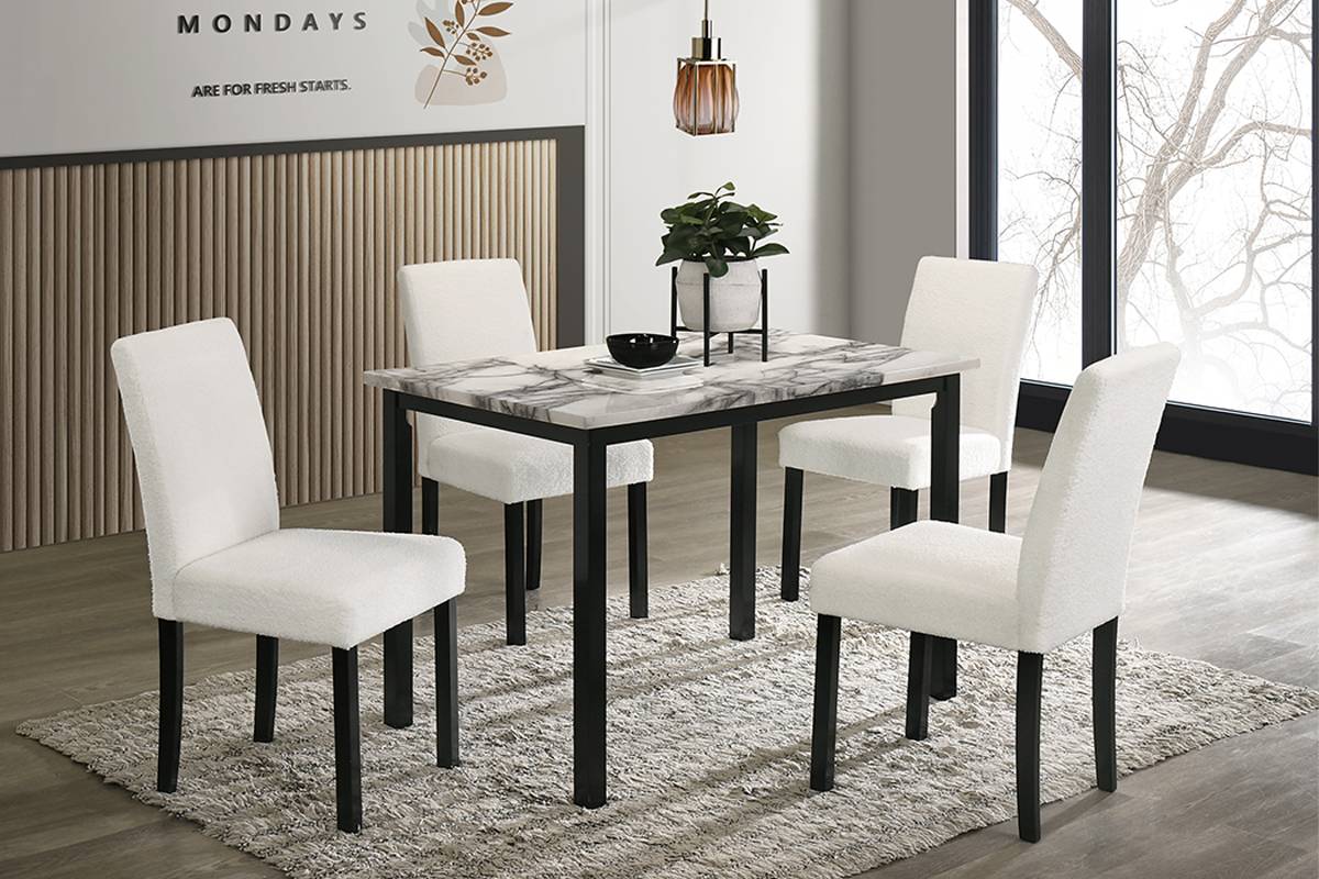 White boucle dining chair with black legs
