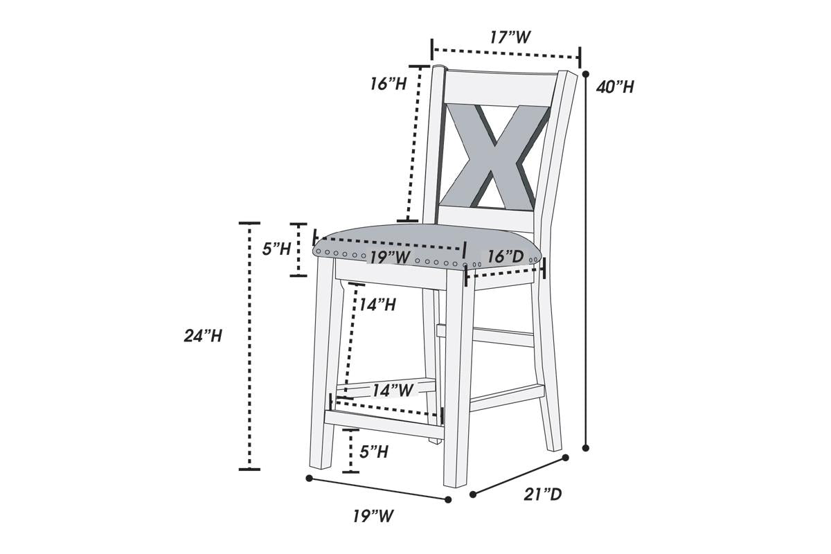 Bar stool with distressed grey Xback design and padded seat H x W