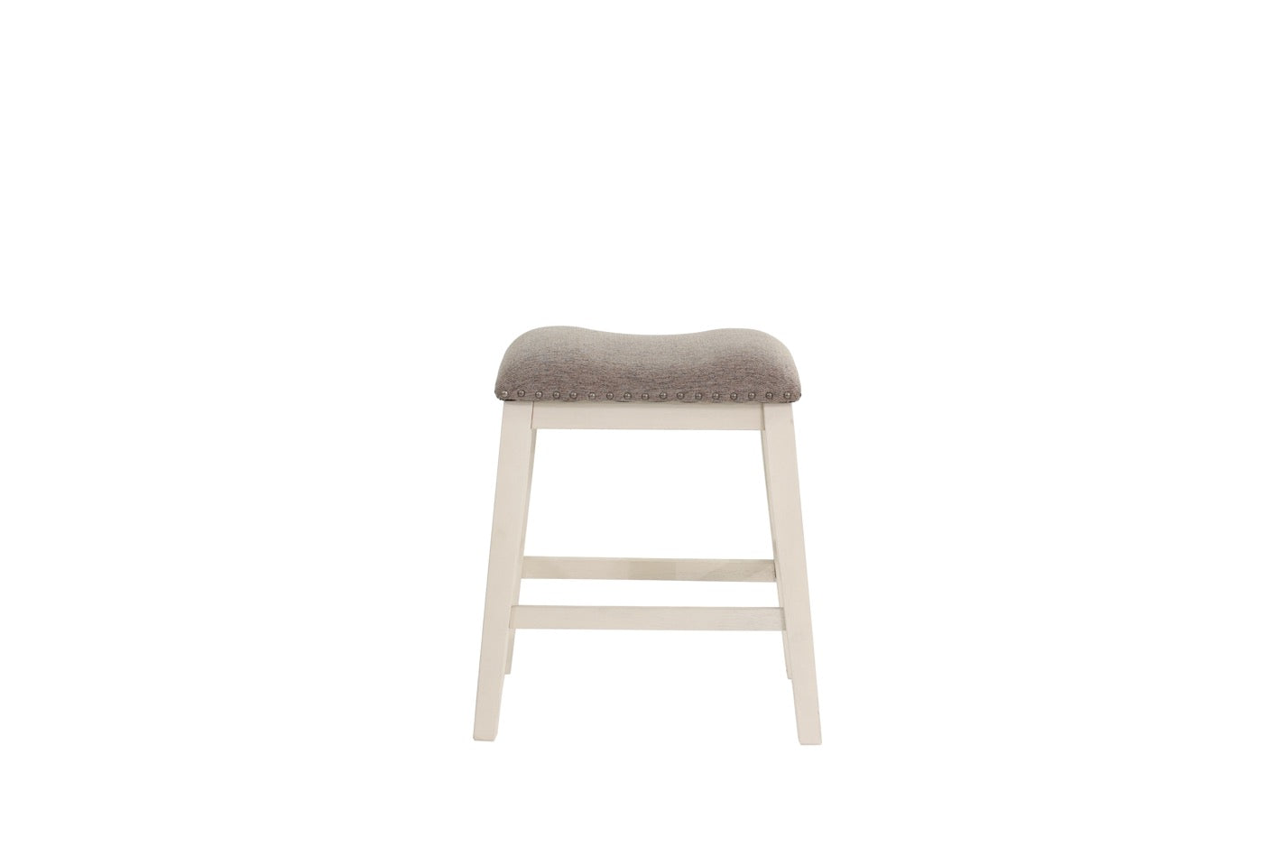 Gray upholstered counter stool with nailhead trim and white wooden frame