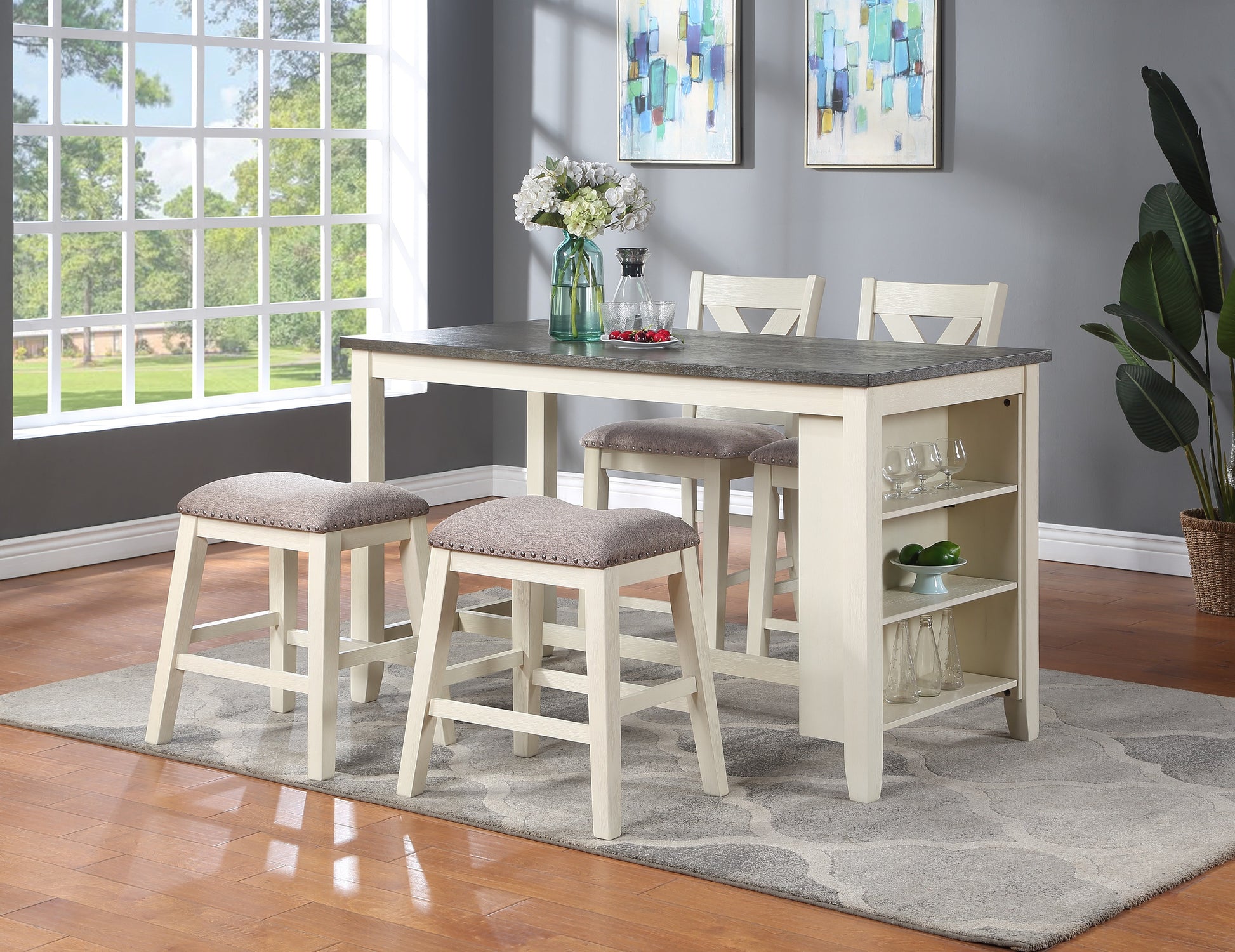 Cream and grey counter height dining set with stools