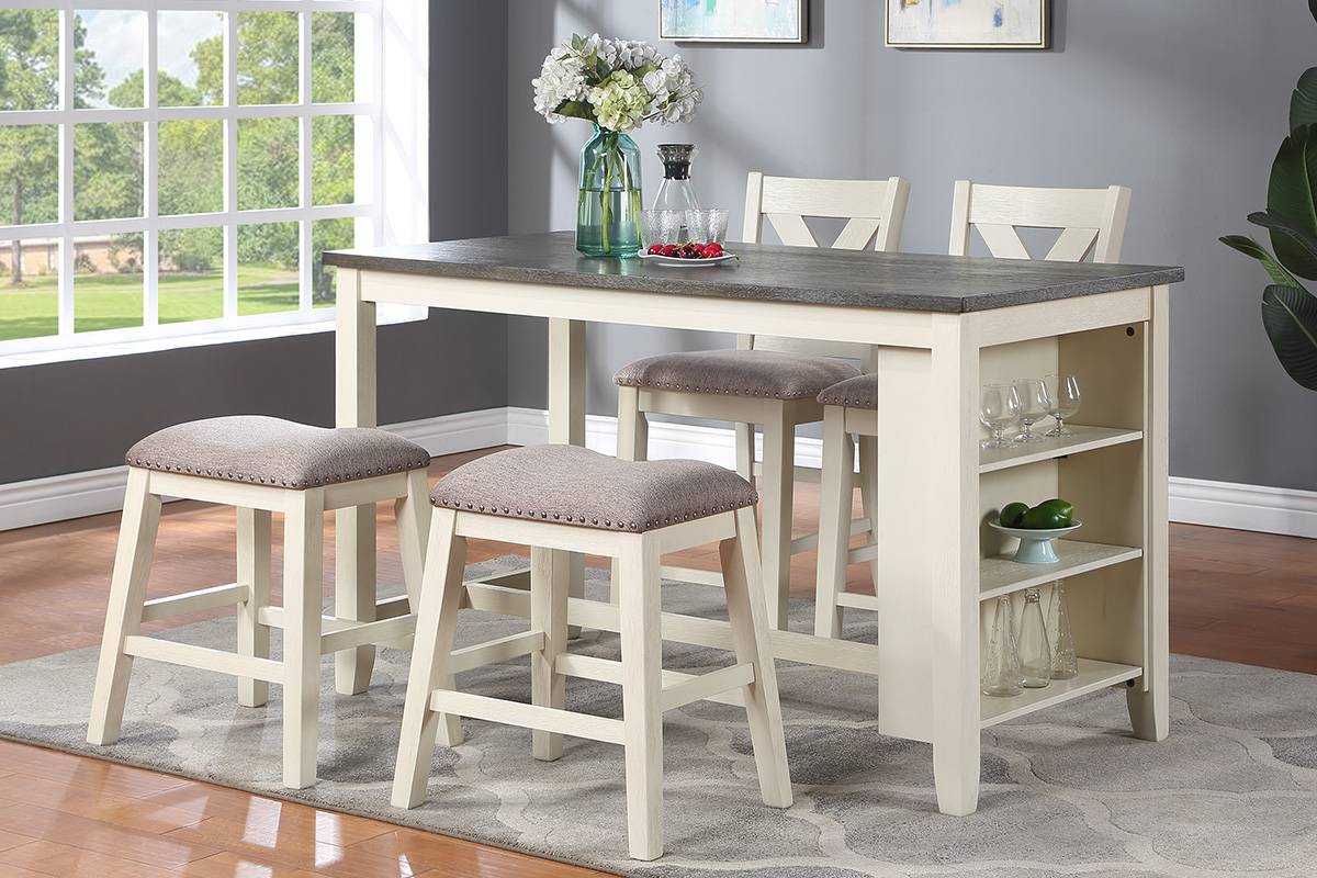 Cream counter height table with dark gray top and upholstered stools