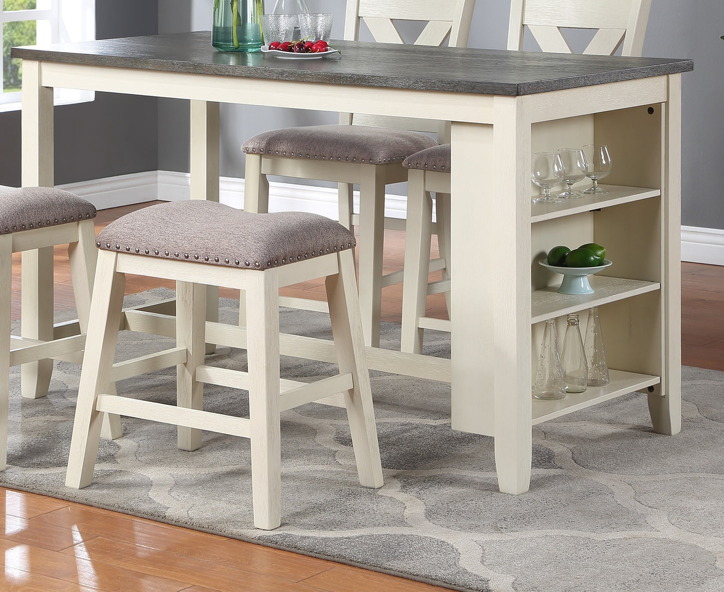 Cream and grey counter height dining set with four upholstered stools