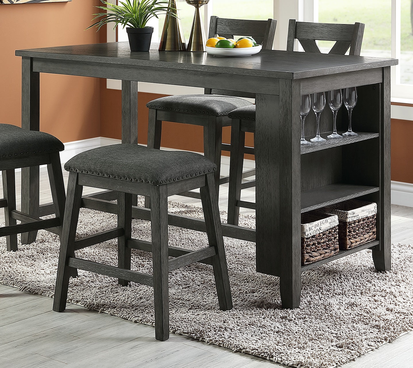 Gray wood counter height dining set with upholstered stools