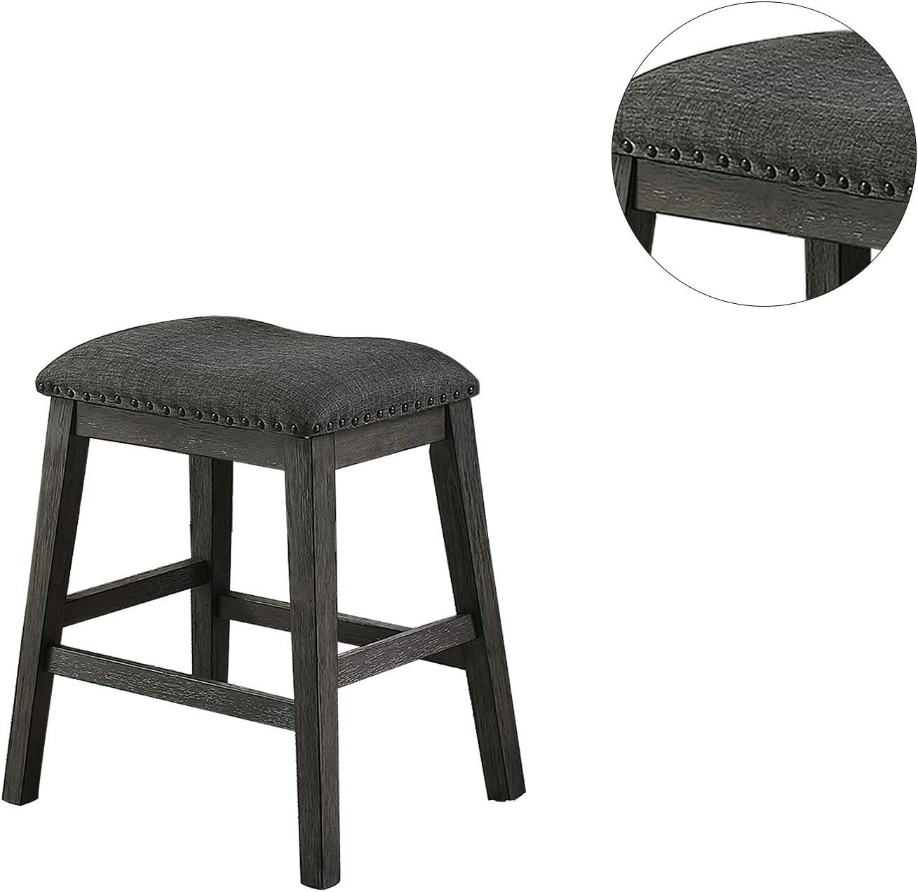 Dark gray upholstered counter stool with studded trim and wooden frame