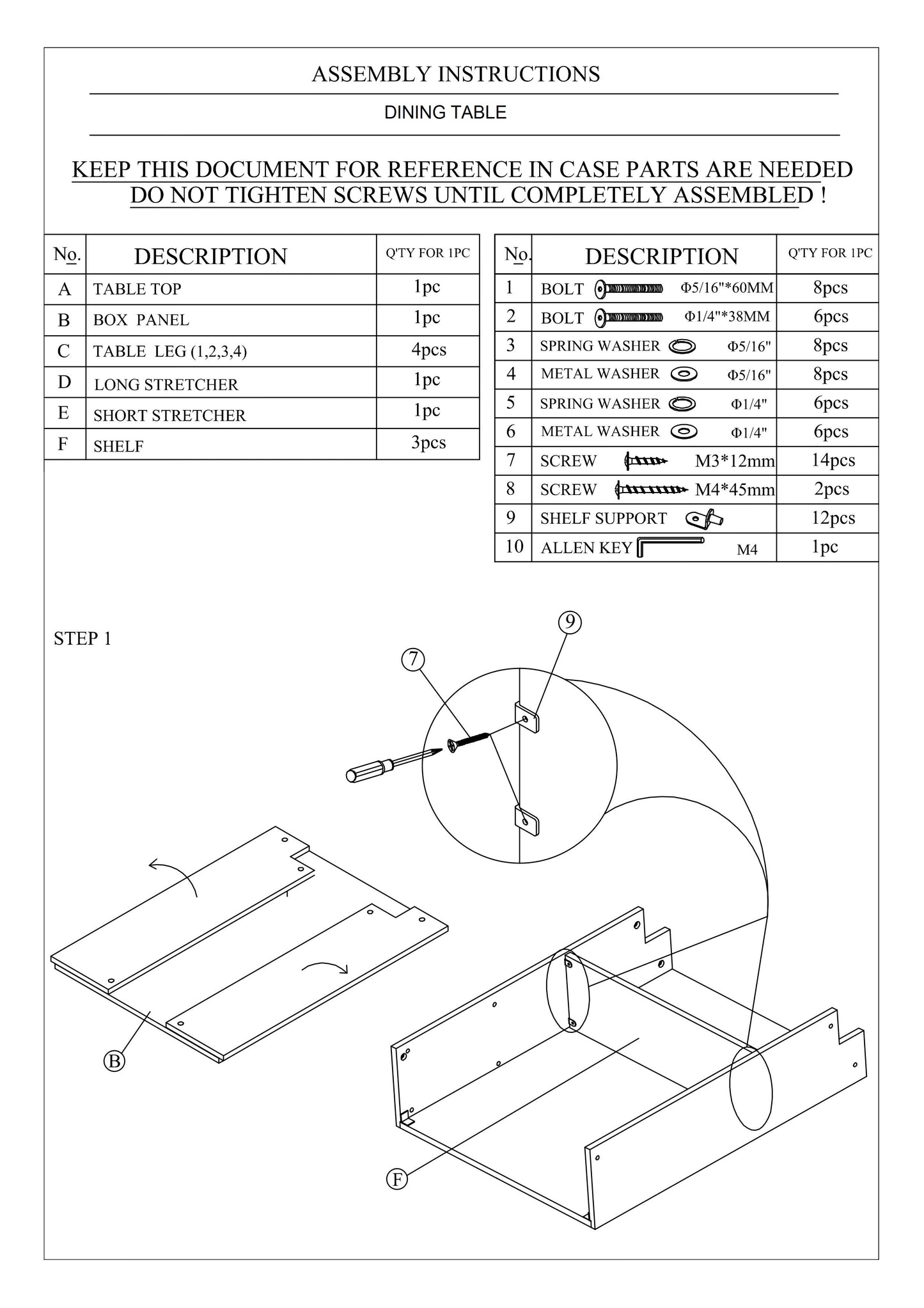 Dining table assembly instructions with part list and diagram