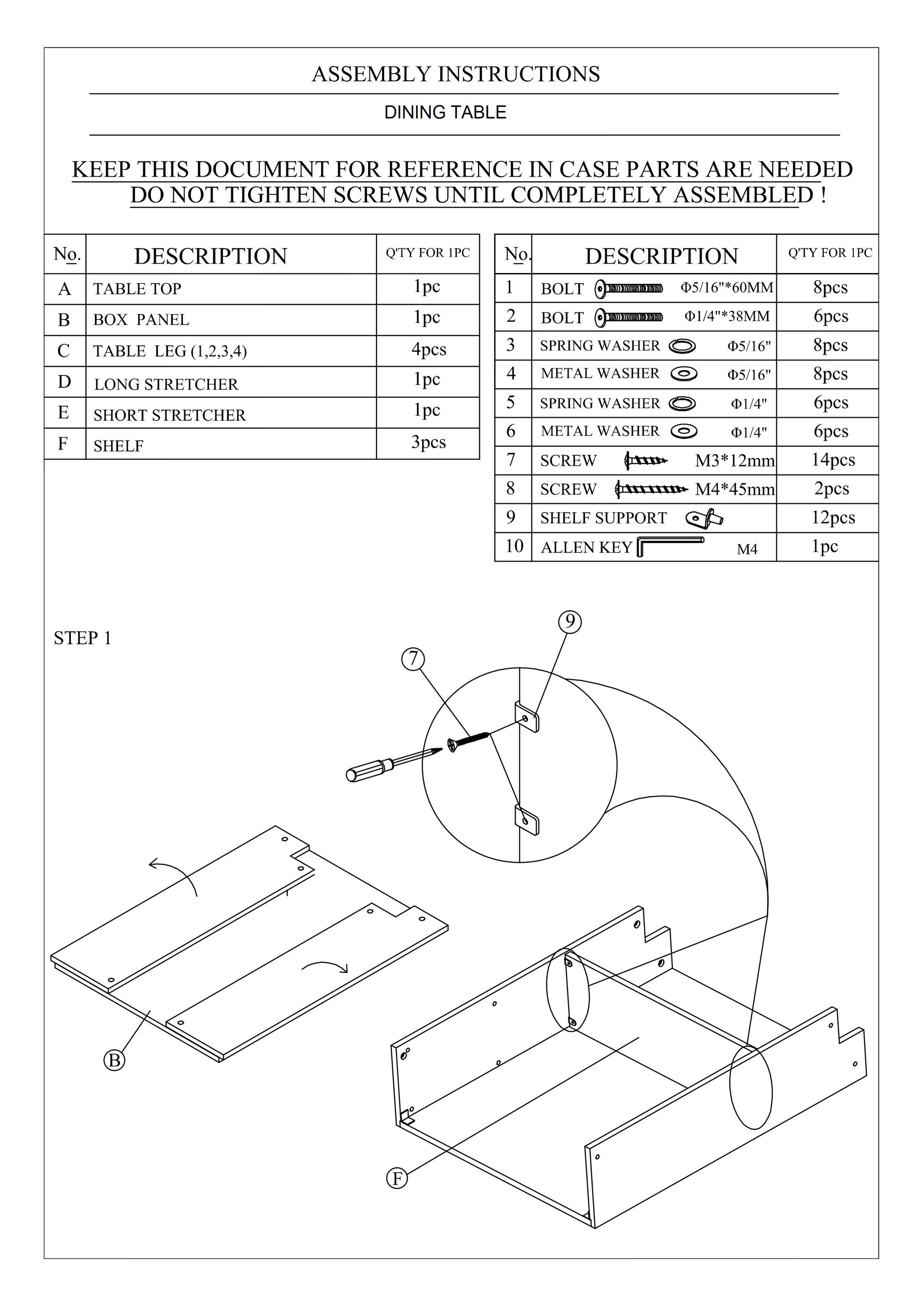 Dining table assembly instructions with part list and diagram