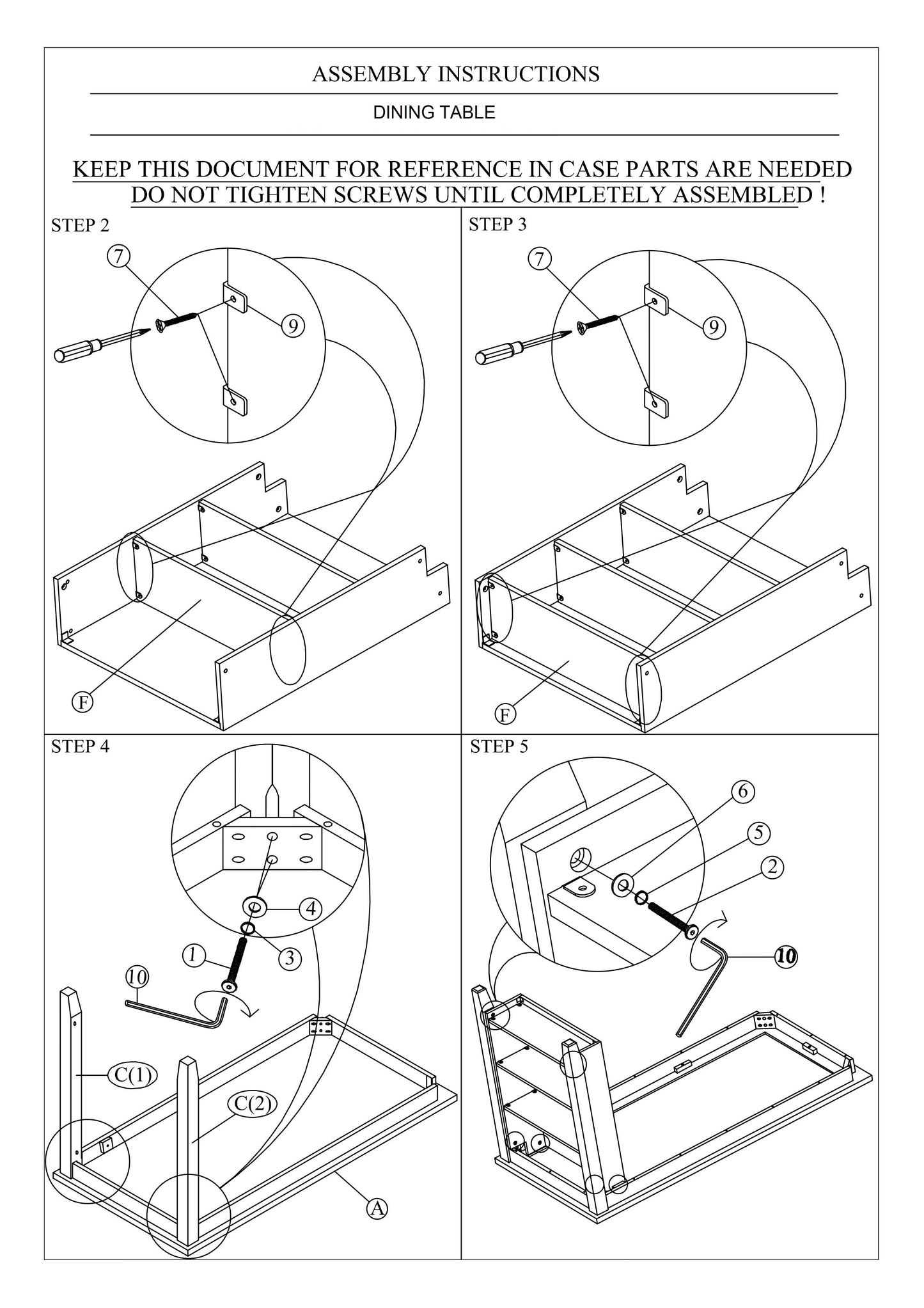 Diagram showing dining table assembly step  attaching frame pieces with screws