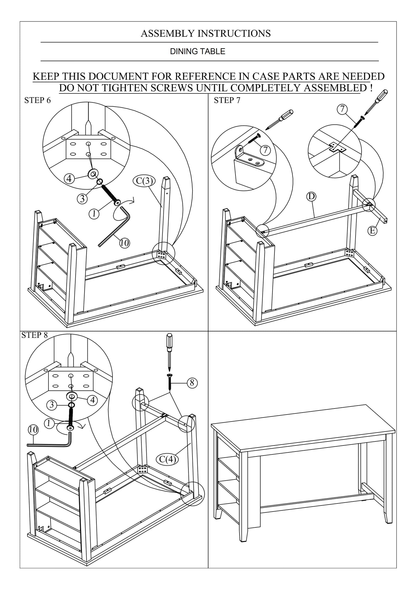 Diagram showing step  of dining table assembly attaching leg to frame