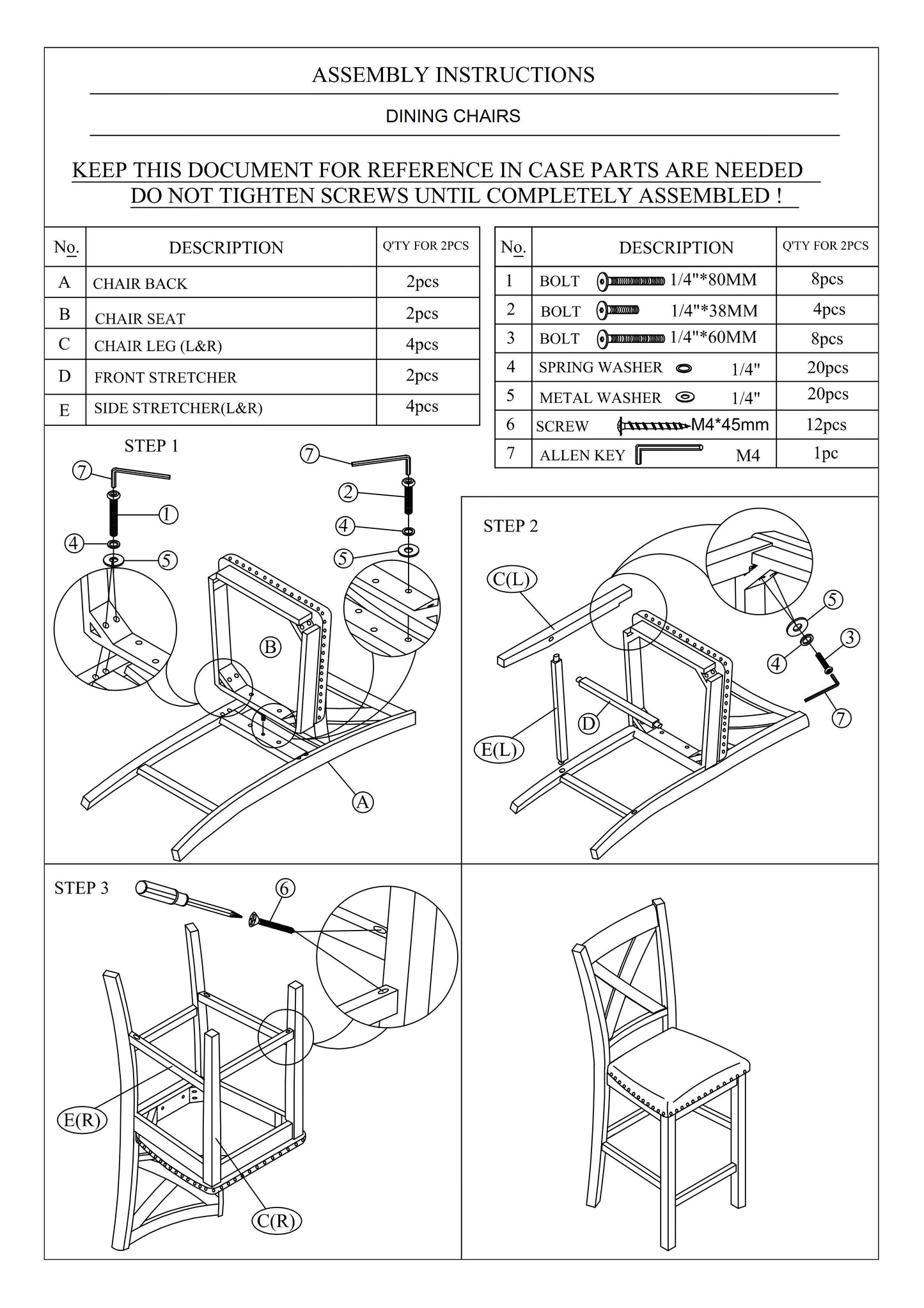 Diagram showing dining chairs assembly instructions with parts list