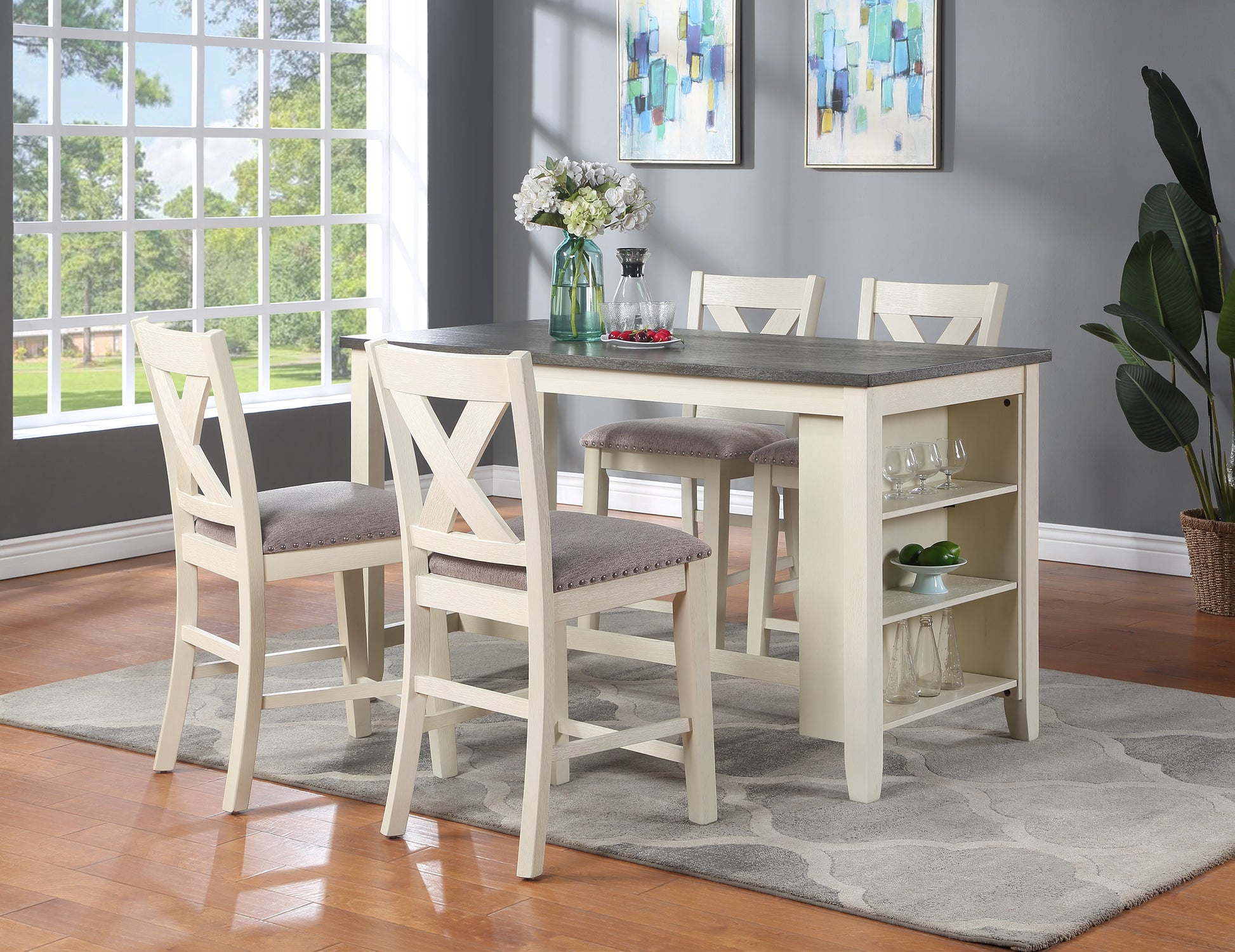 Cream Xback counter stool with grey upholstered seat and nailhead trim