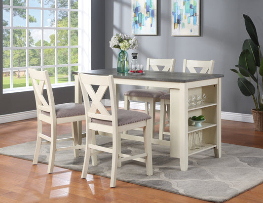 Cream Xback counter stool with grey upholstered seat and nailhead trim