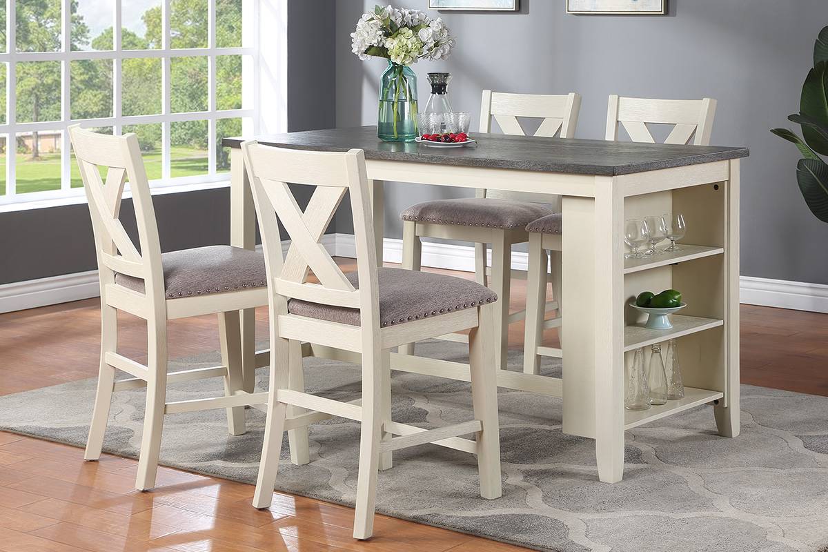 Cream counter height table with grey top and four Xback stools