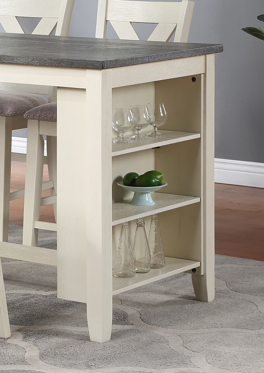 Cream and gray counter height table with builtin shelving