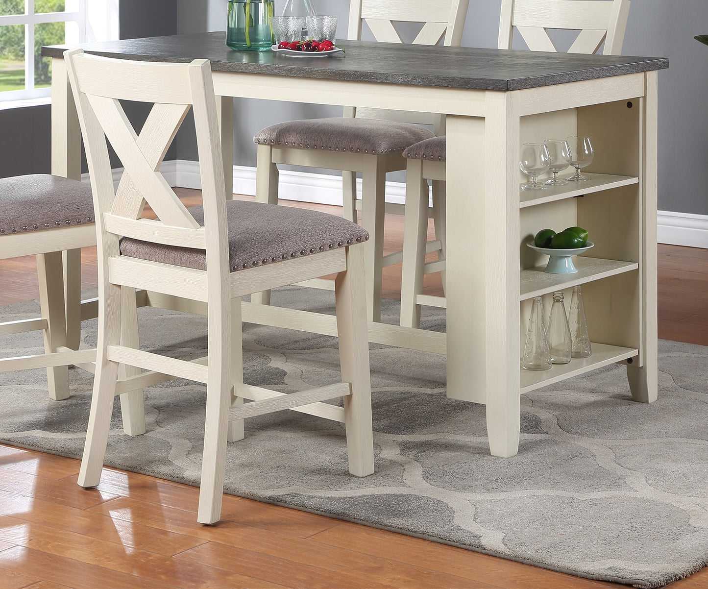 Cream counter stool with Xback and grey upholstered seat