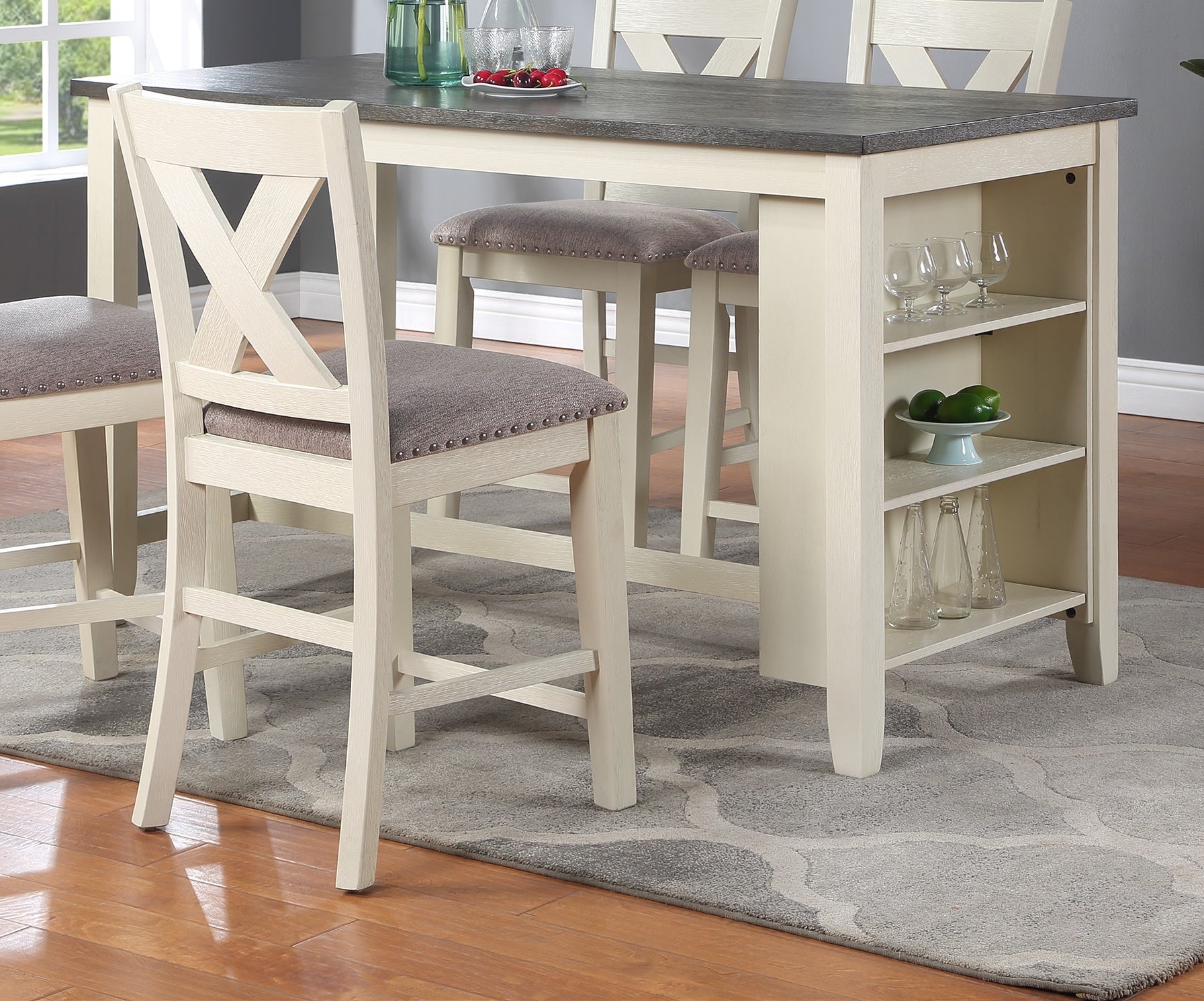 Cream counter stool with Xback and grey upholstered seat