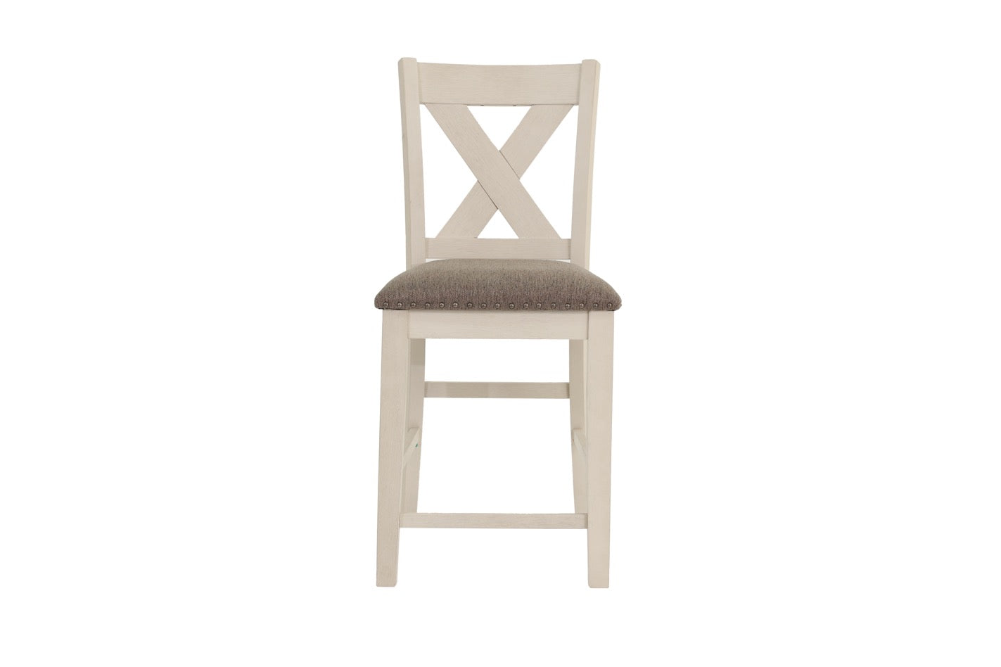 Cream wooden bar stool with upholstered grey seat