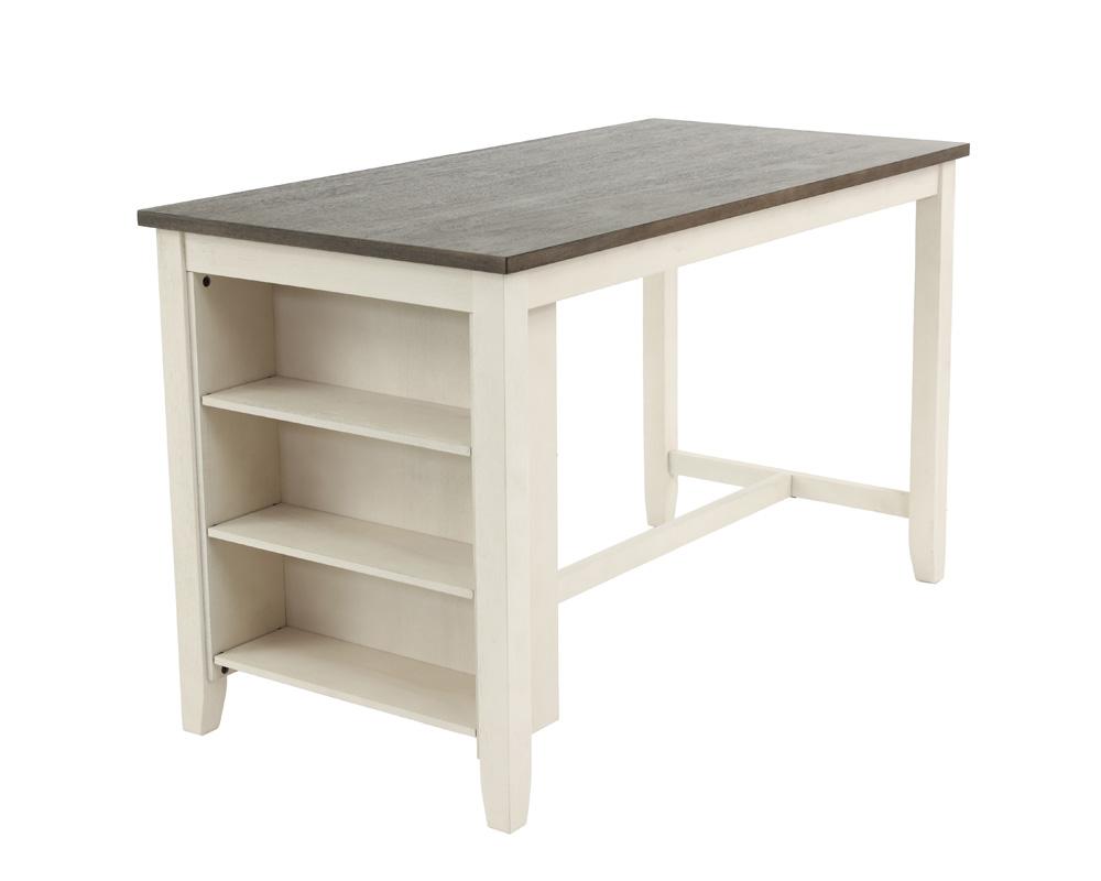 Modern white kitchen island with dark gray tabletop and builtin shelves