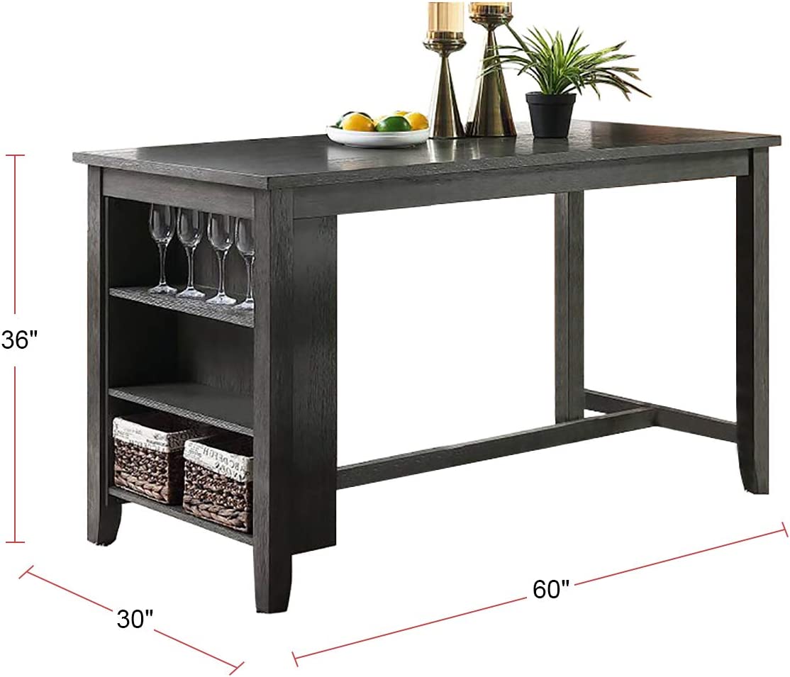 Dark gray wood pub table with builtin wine glass rack and shelves