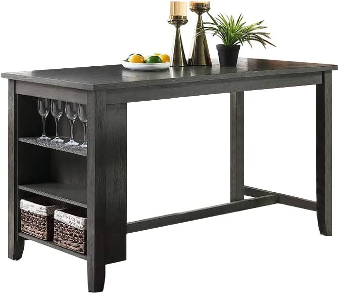 Gray wood bar table with integrated shelving and wine glass holders