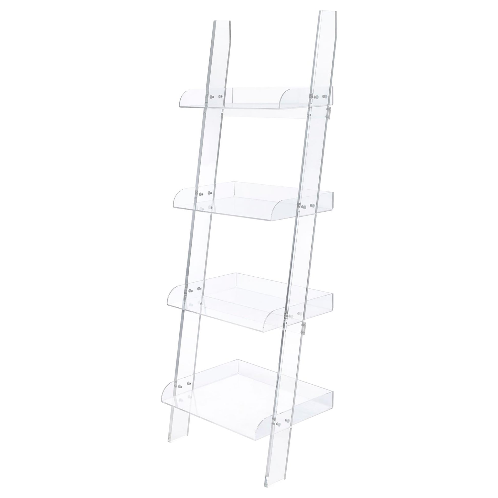 Clear acrylic ladder shelf with four tiers for display