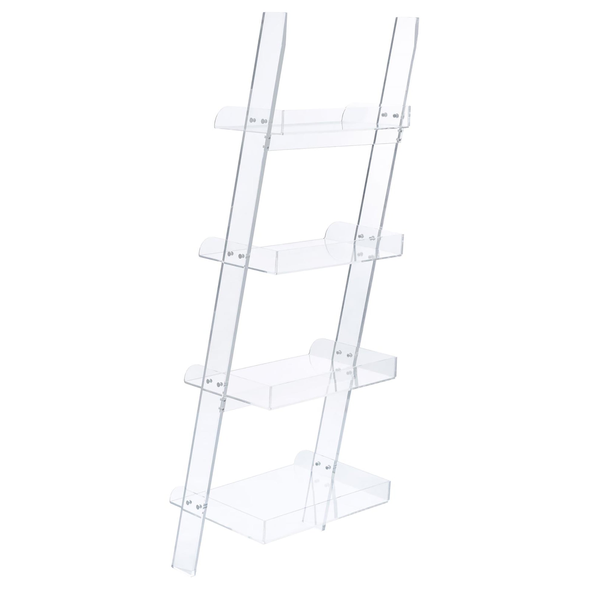 Clear acrylic ladder shelf with four levels for display