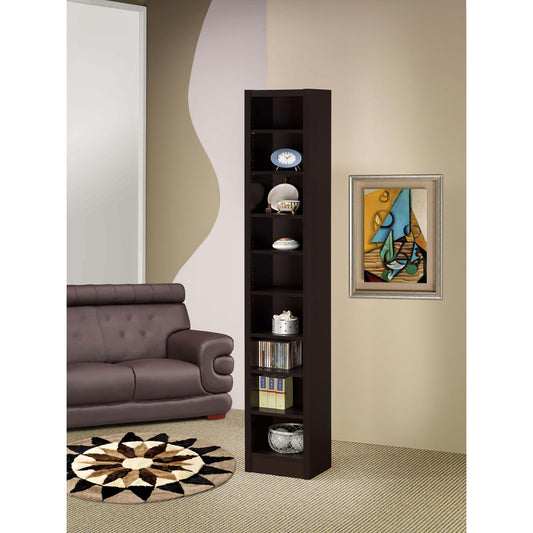 Dark brown tall bookshelf filled with decorative items and CDs