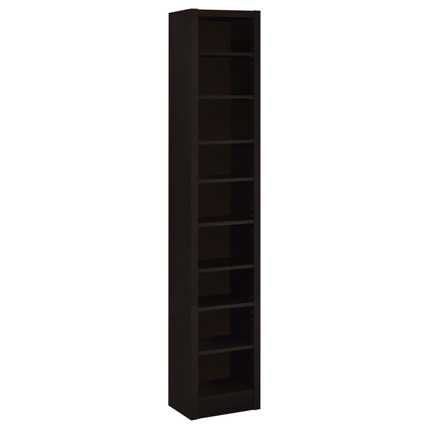 Tall dark brown wood bookcase with  shelves for books