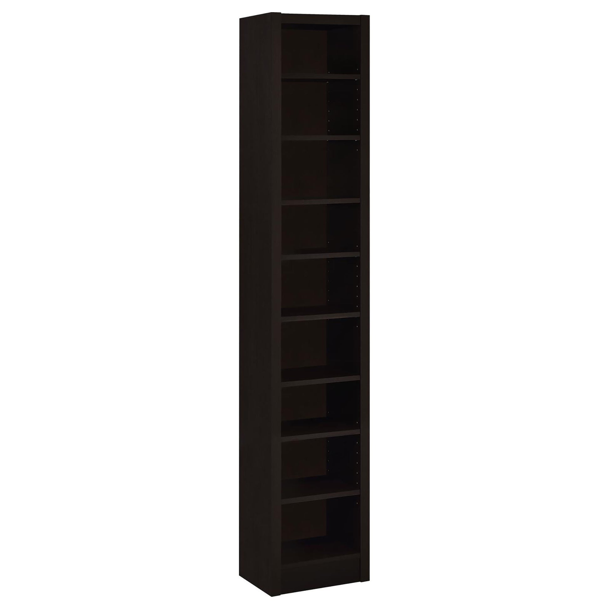Tall dark brown wood bookcase with  shelves for books
