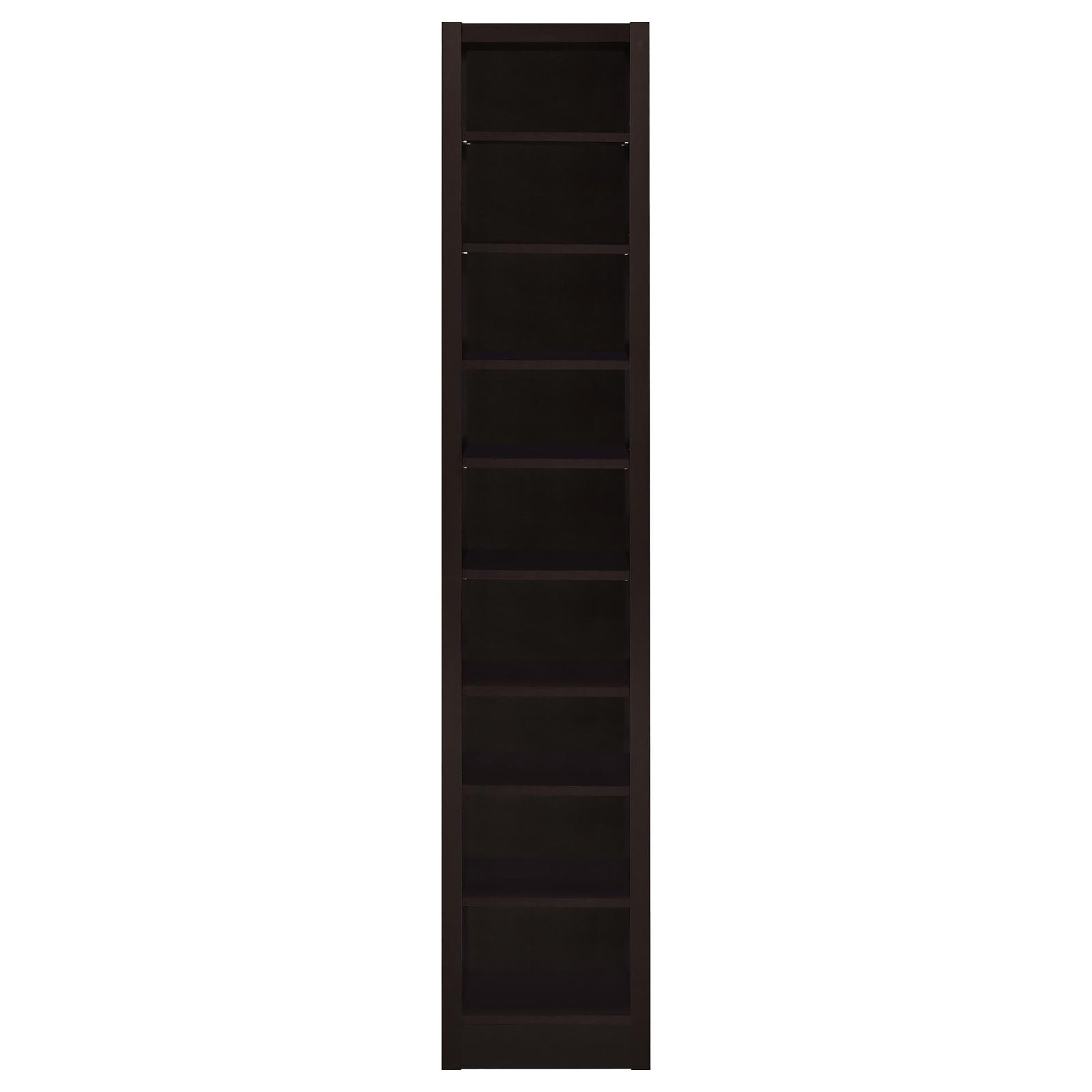 Tall dark brown bookshelf with  shelves for book storage