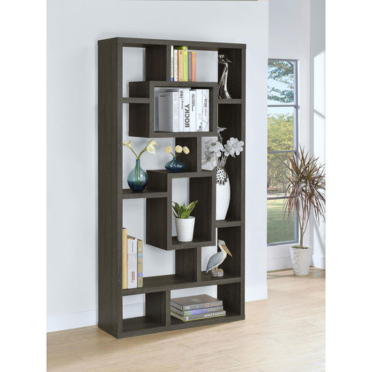 Dark oak modern bookshelf with staggered shelves for display