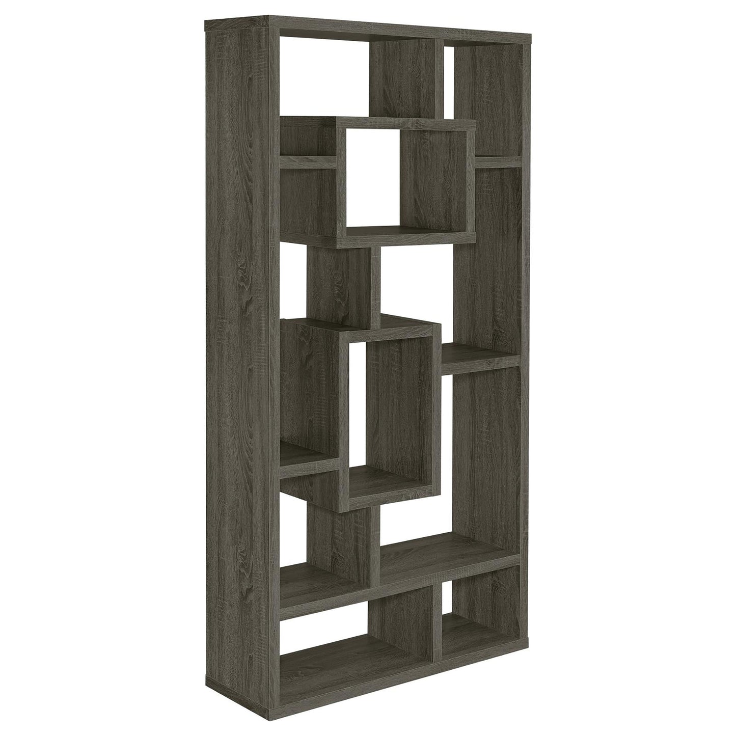Modern geometric wood bookshelf in dark gray finish