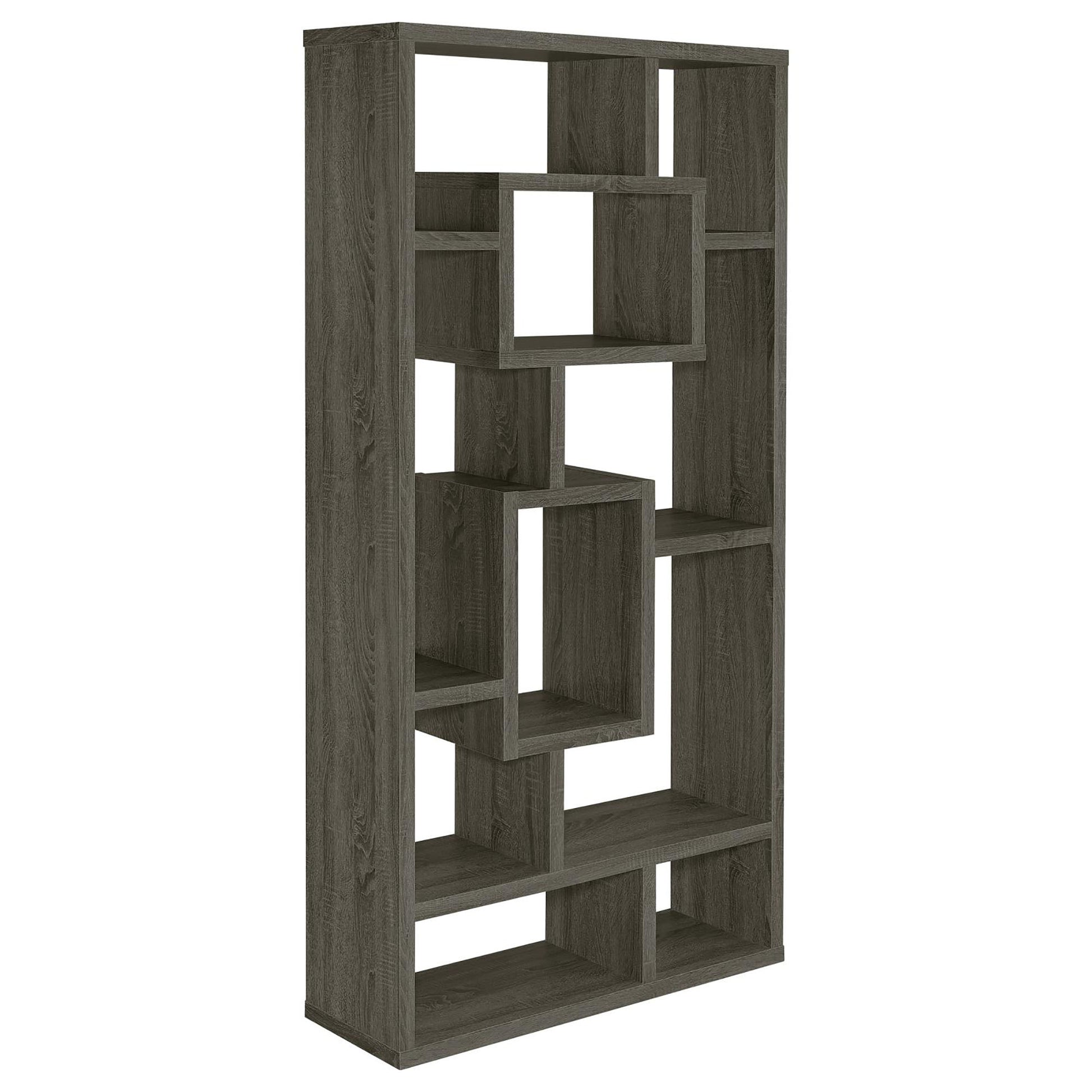 Modern geometric wood bookshelf in dark gray finish