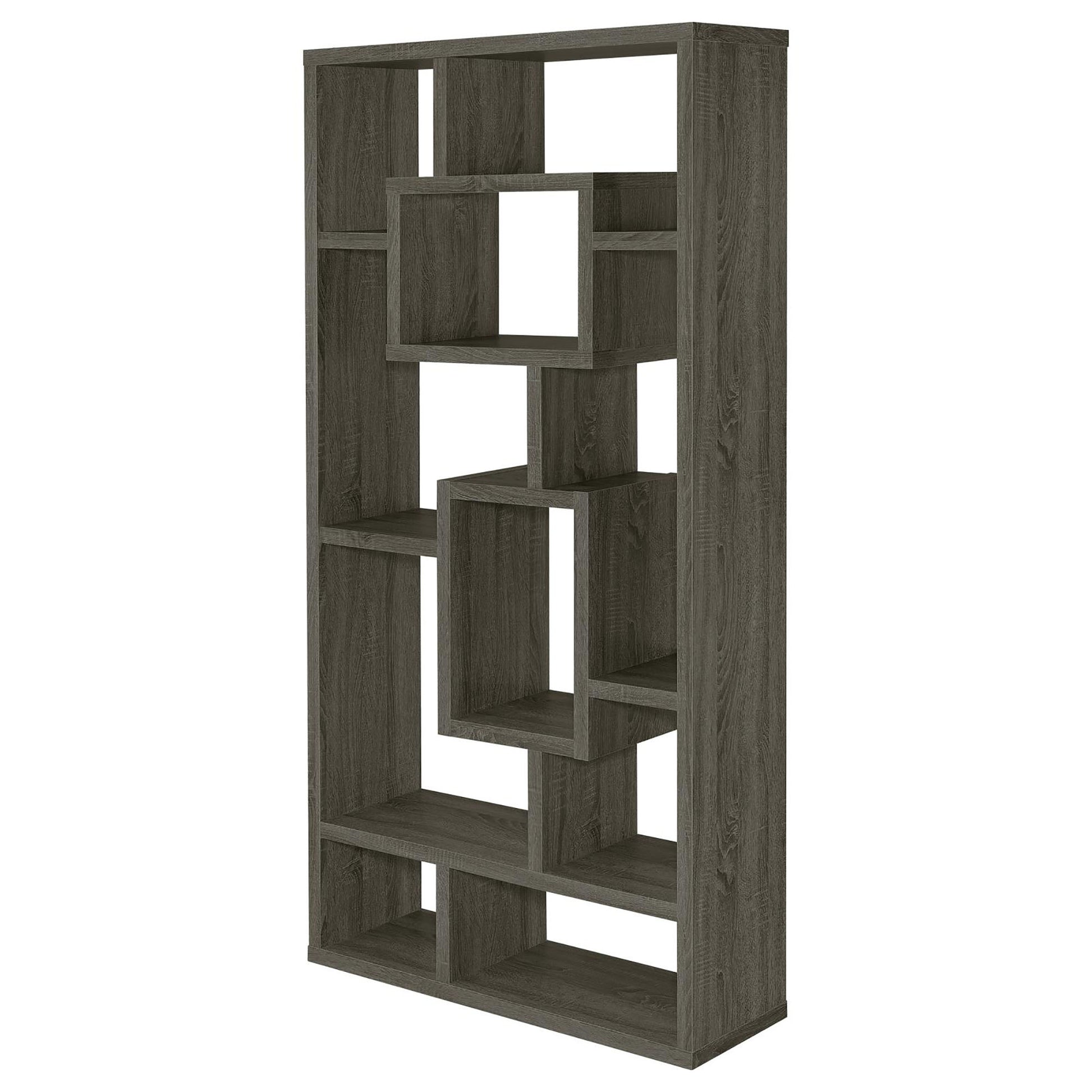 Modern grey wood geometric bookshelf with varied open compartments