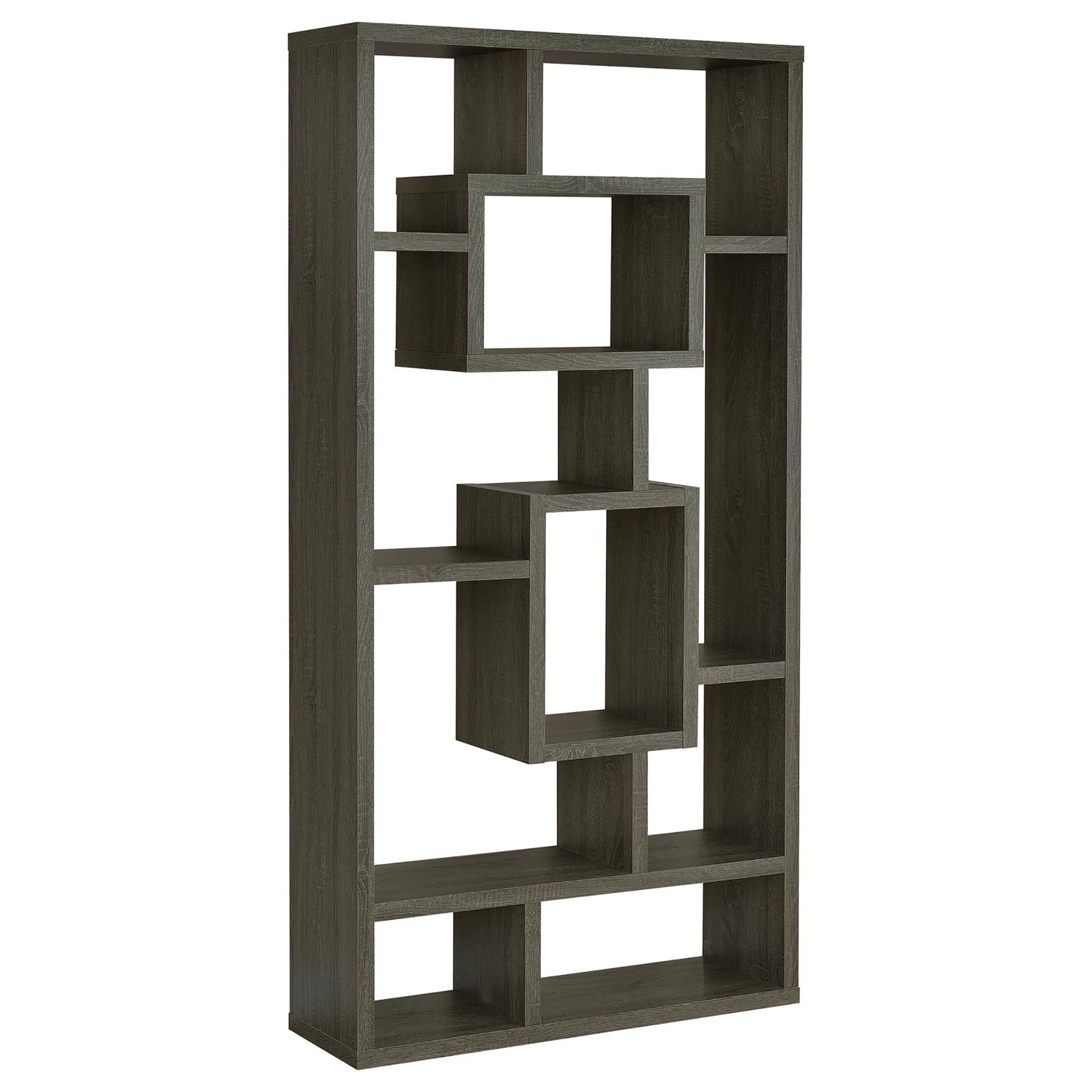 Gray wooden geometric bookshelf with staggered cubbyholes