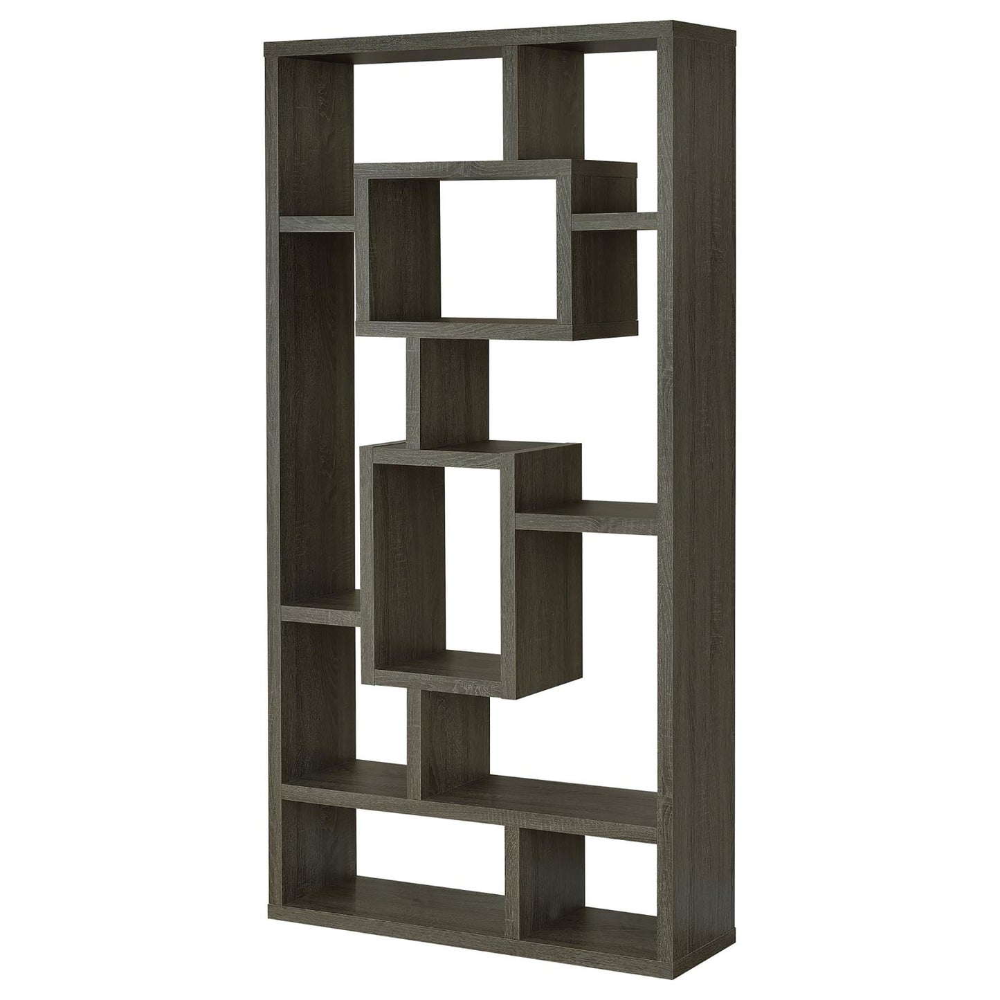 Grey wood geometric bookshelf with open shelving