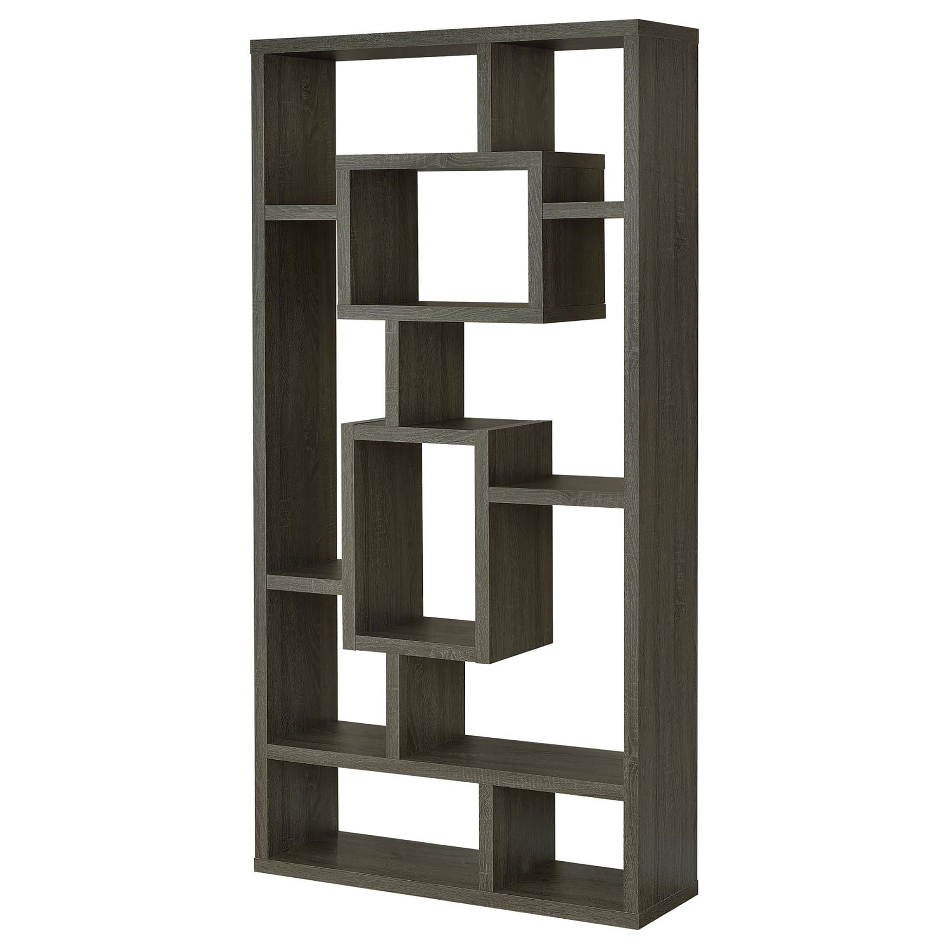 Grey wood geometric bookshelf with open shelving