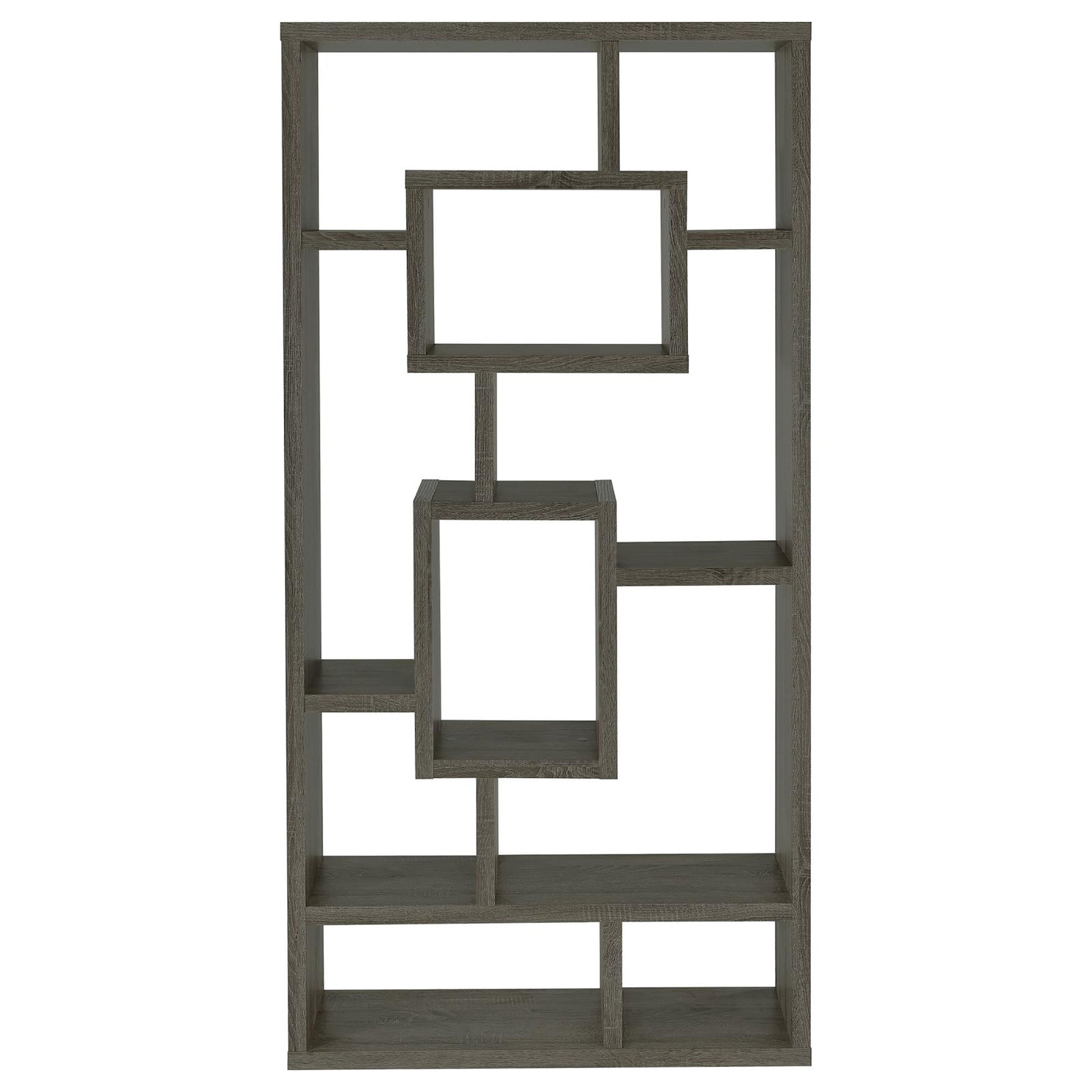Grey geometric bookshelf with open shelving