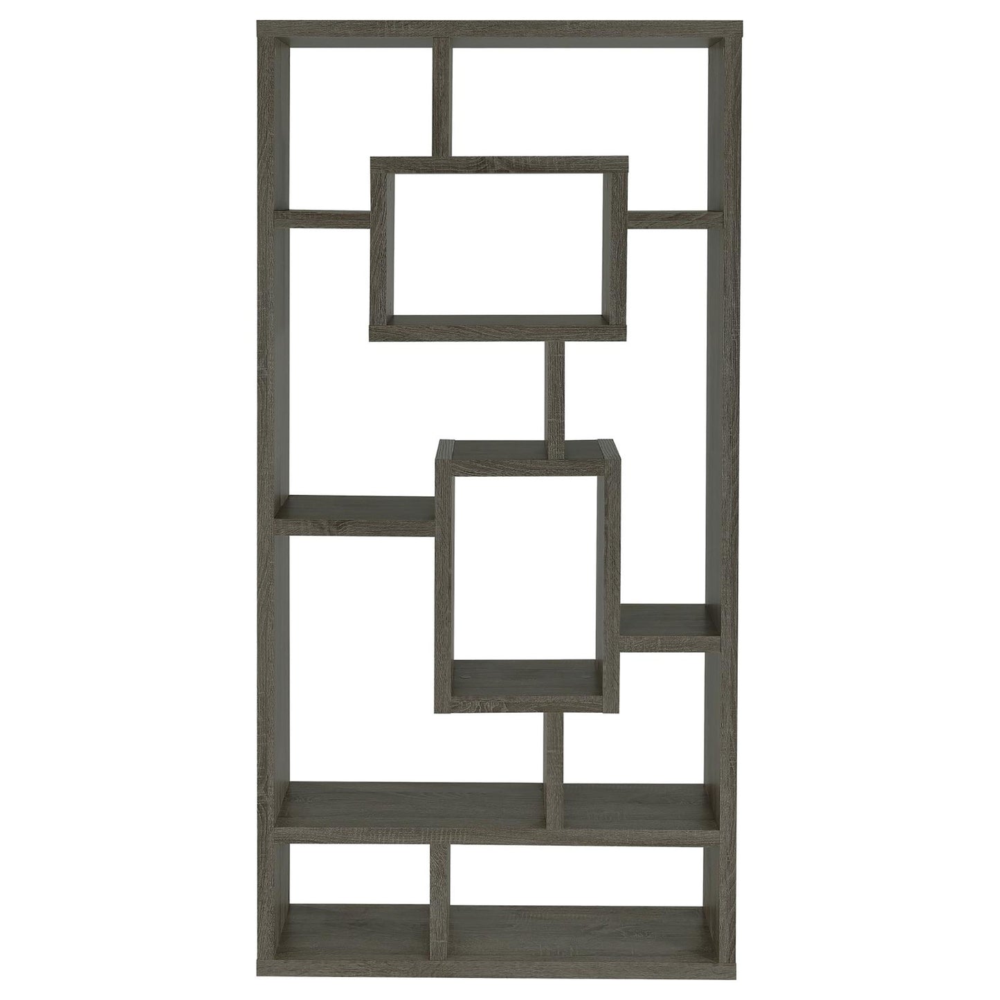Geometric dark gray wood bookshelf with open compartments