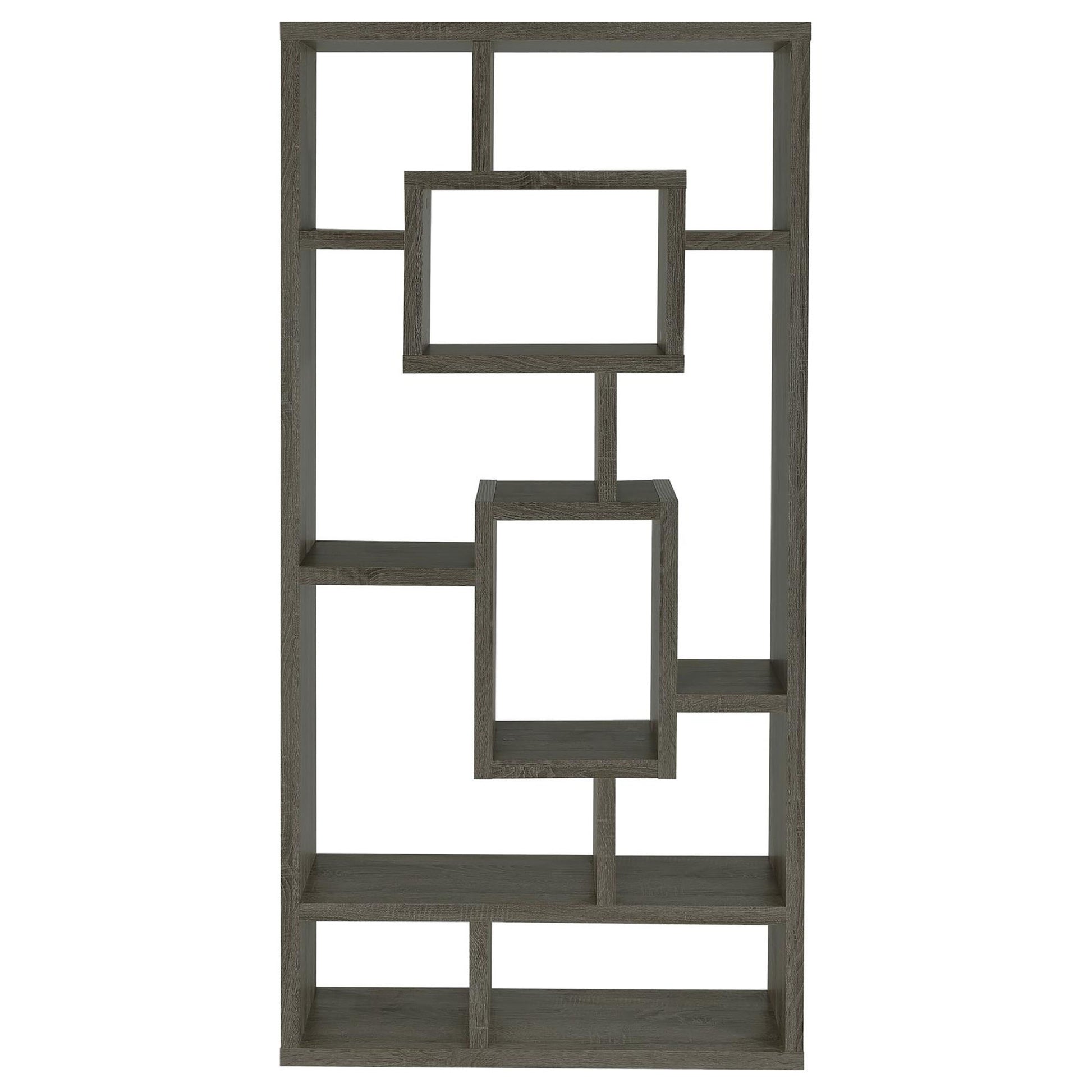 Geometric dark gray wood bookshelf with open compartments
