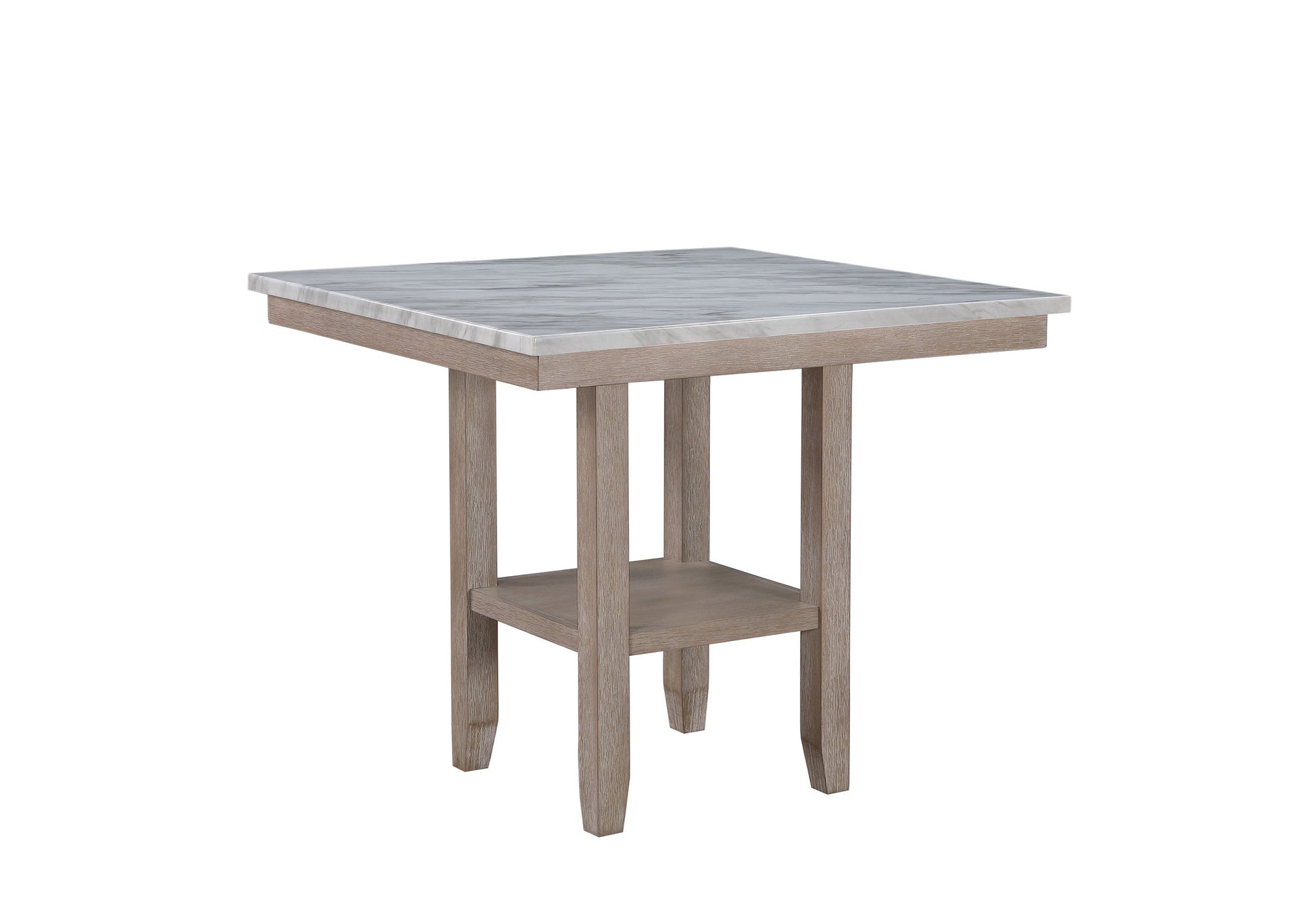 Square pub table with grey marble top and light wood base