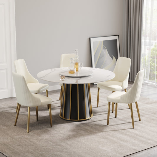 Cream upholstered dining chairs with gold legs around a round marbletop table